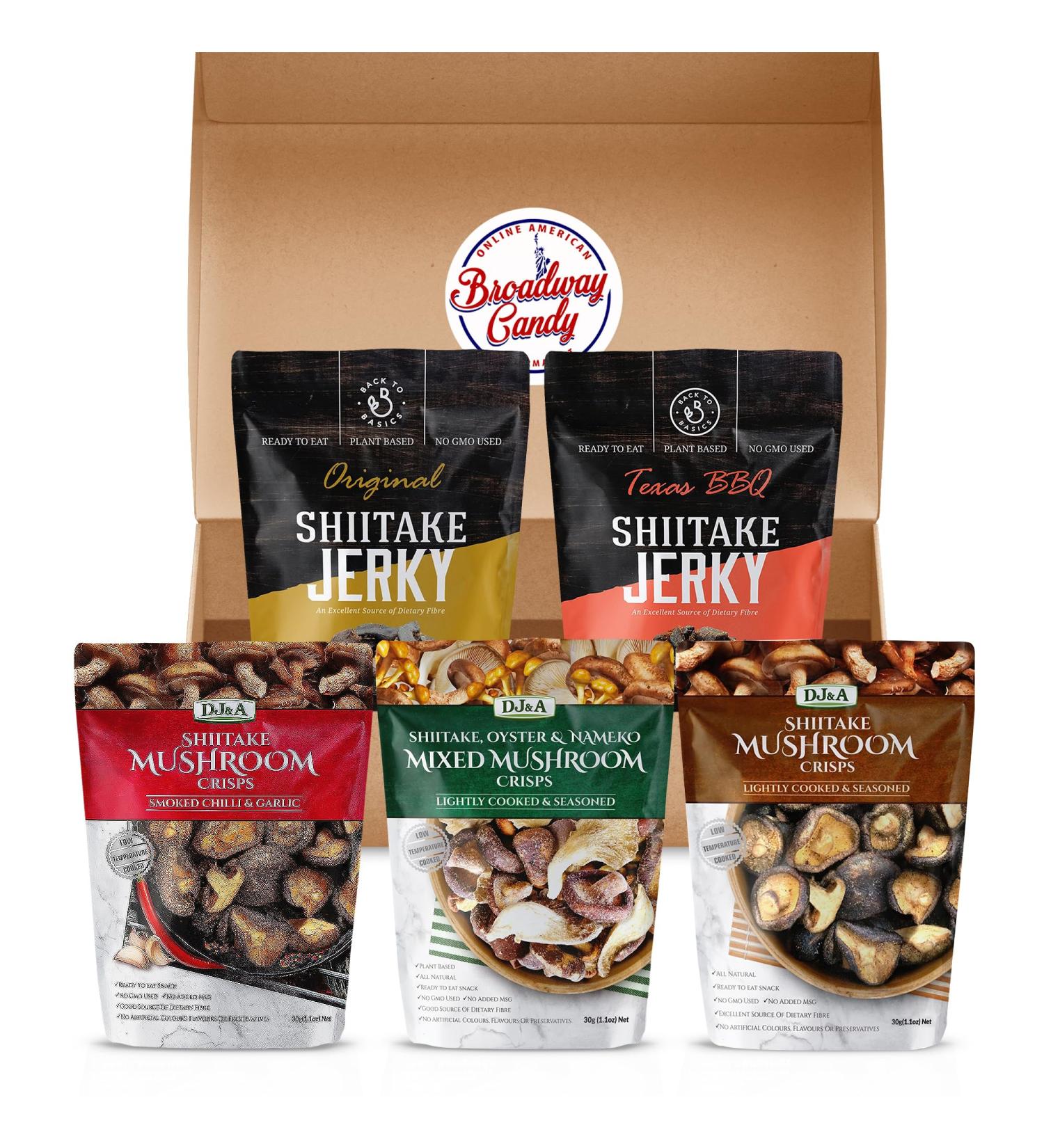 DJ&A Vegan Jerky & Mushroom Crisps Variety | 5 Pack by Broadway Candy | Vegan Snacks | Gluten Free Non-GMO - Buy Online on GoSupps.com