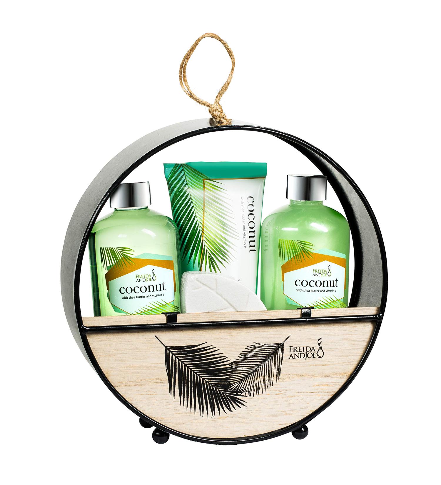 Coconut Spa Bath and Body Set in Modern Wood Round Holder - Shower Gel, Bubble Bath, Body Lotion & Bath Bomb Fizzer - Relaxation Home Spa Gift Basket for Women - Buy Online on GoSupps.com