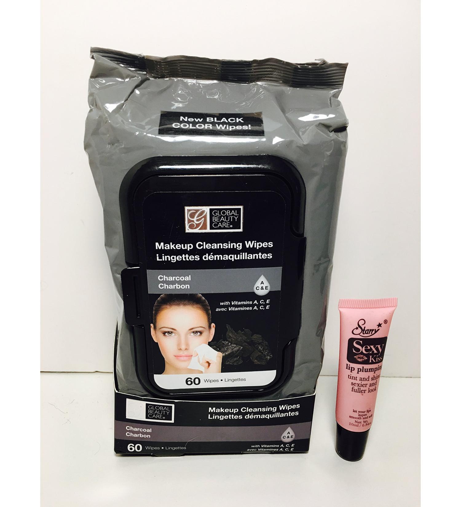 Global Beauty Care Charcoal Makeup Cleansing Wipes With Vitamins A C E 60 Wipes"Free Starry Lipgloss 10 ml