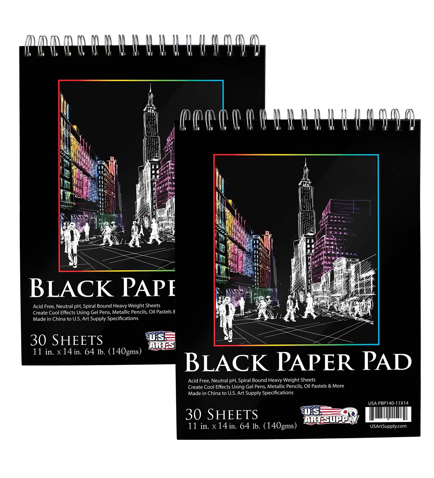 U.S. Art Supply 11x14 Premium Black Sketch Pad, 2 Pack - 30 Sheets Each, Spiral Bound Drawing Paper for Colored Pencils, Gel Pens, Oil Pastels - 64lb Heavyweight Paper (140gsm) - Buy Online on GoSupps.com