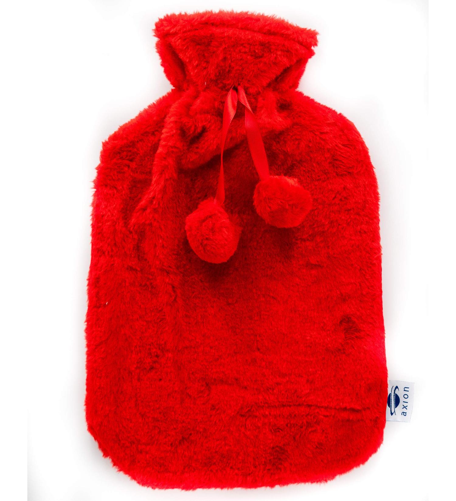 Axion Fluffy Hot Water Bottle with Plush Cover - Red with Pompoms | Cozy Comfort for All | International Shipping - Buy Online on GoSupps.com