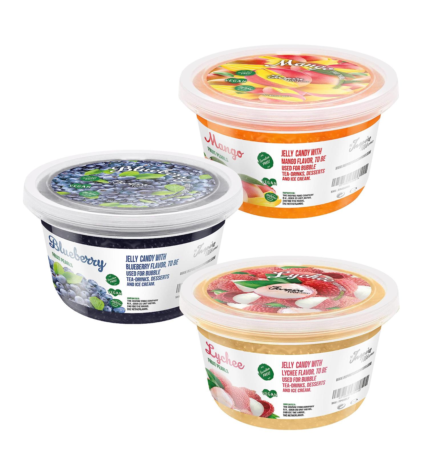 Inspire Food Bubble Tea Pearl Set - 3-Pack Popping Boba | Vegan & Gluten-Free Tapioca Pearls | Lychee Mango Blueberry Flavors - 450g Each - Buy Online on GoSupps.com