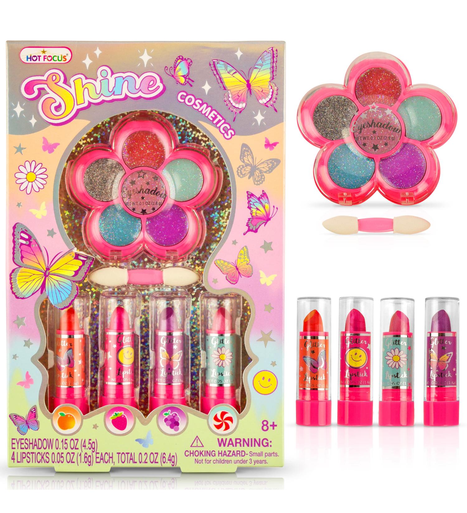 Hot Focus Kids Makeup Kit with Lipsticks & Glitter Eyeshadow - Washable Beauty Set for Girls - Pretend Play Cosmetics Gift - Includes Applicator - Flower Design - Buy Online on GoSupps.com
