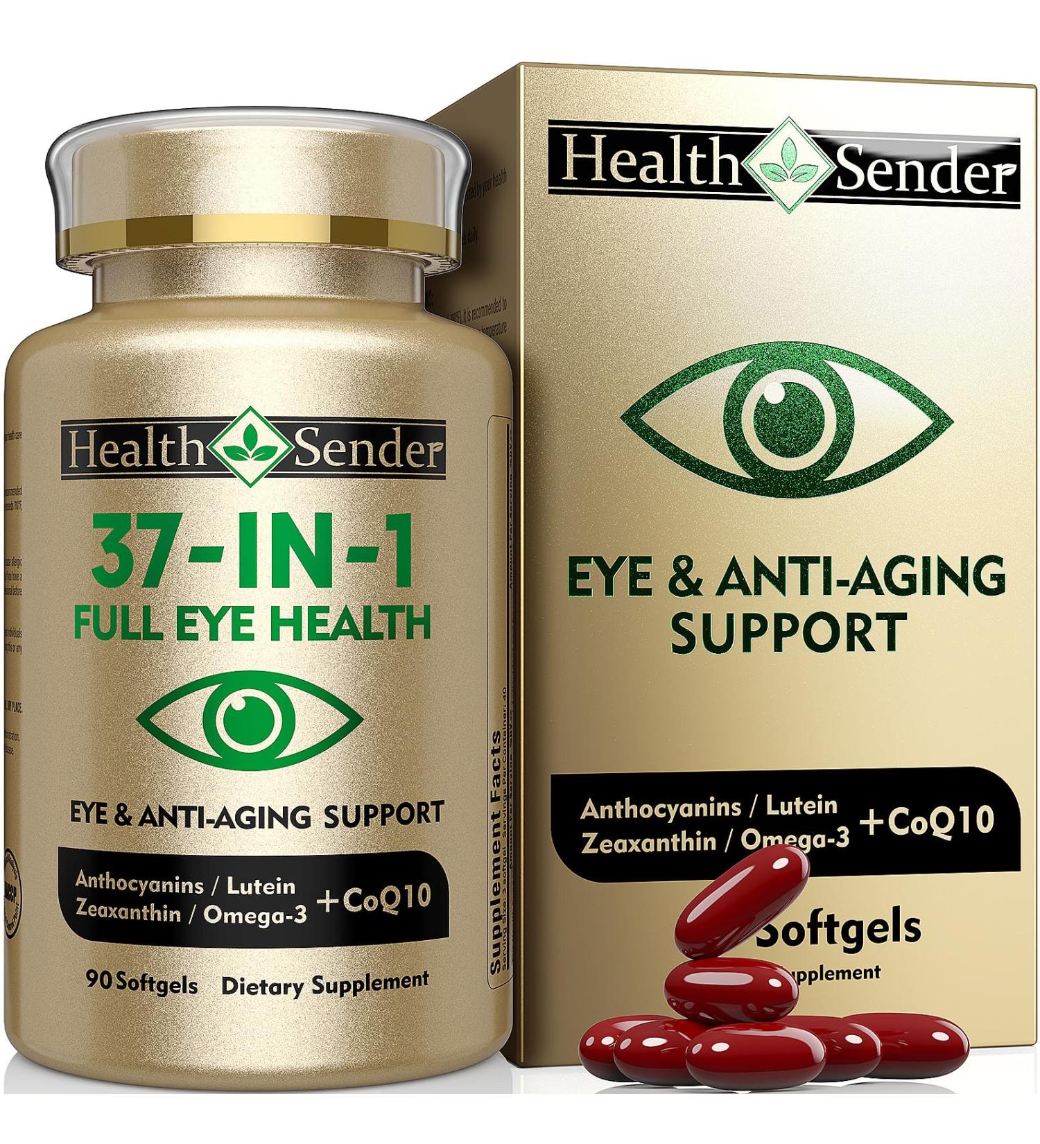 Eye Vitamin 37 in 1 Supplement for Man Woman Full Eye Support Inspired by AREDS 2 with Lutein Zeaxanthin Bilberry Extract Anthocyanin Omega-3 and CoQ10 Anti Aging Softgels 90 Count (Pack of 1) Brown - Buy Online on GoSupps.com