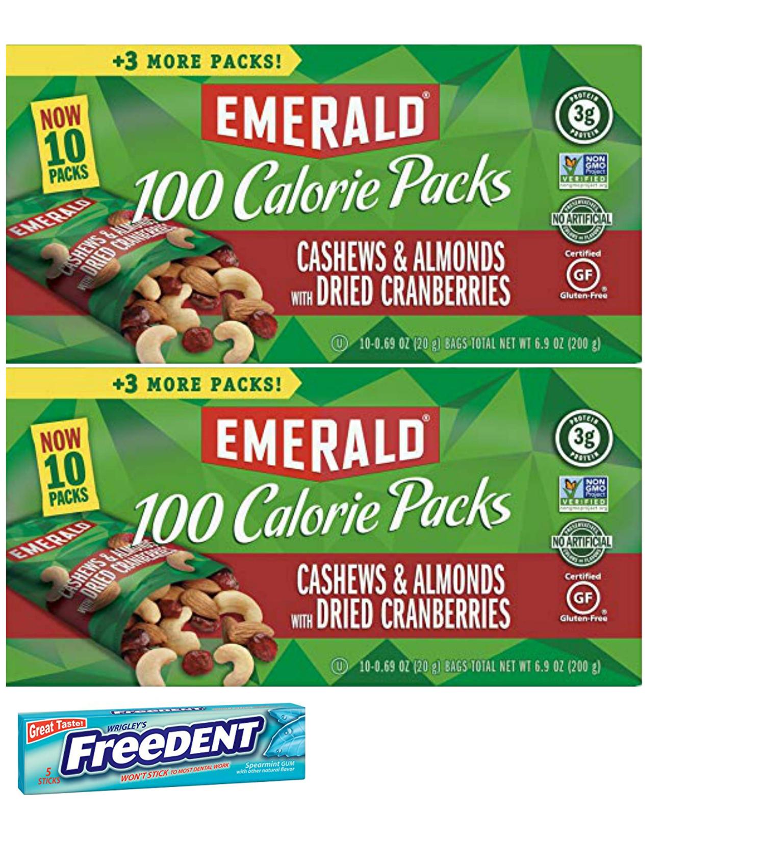 Emerald 100 Calorie Cashews Cranberries Roasted and Salted Snack Pack. Convenient Shopping For 2 Boxes of Individually Wrapped Single Serve Emerald Nuts. Includes 5 Piece Gum Sample.