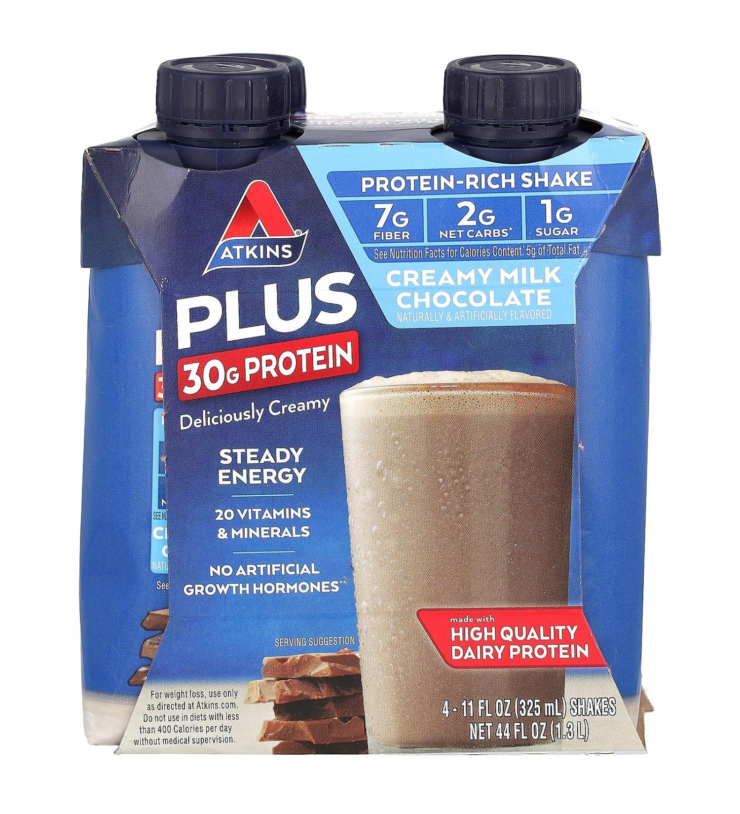 Atkins PLUS Protein & Fiber High Protein Shake - Creamy Milk Chocolate 4 Bottles (44 Fl Oz) | Buy Internationally - Buy Online on GoSupps.com