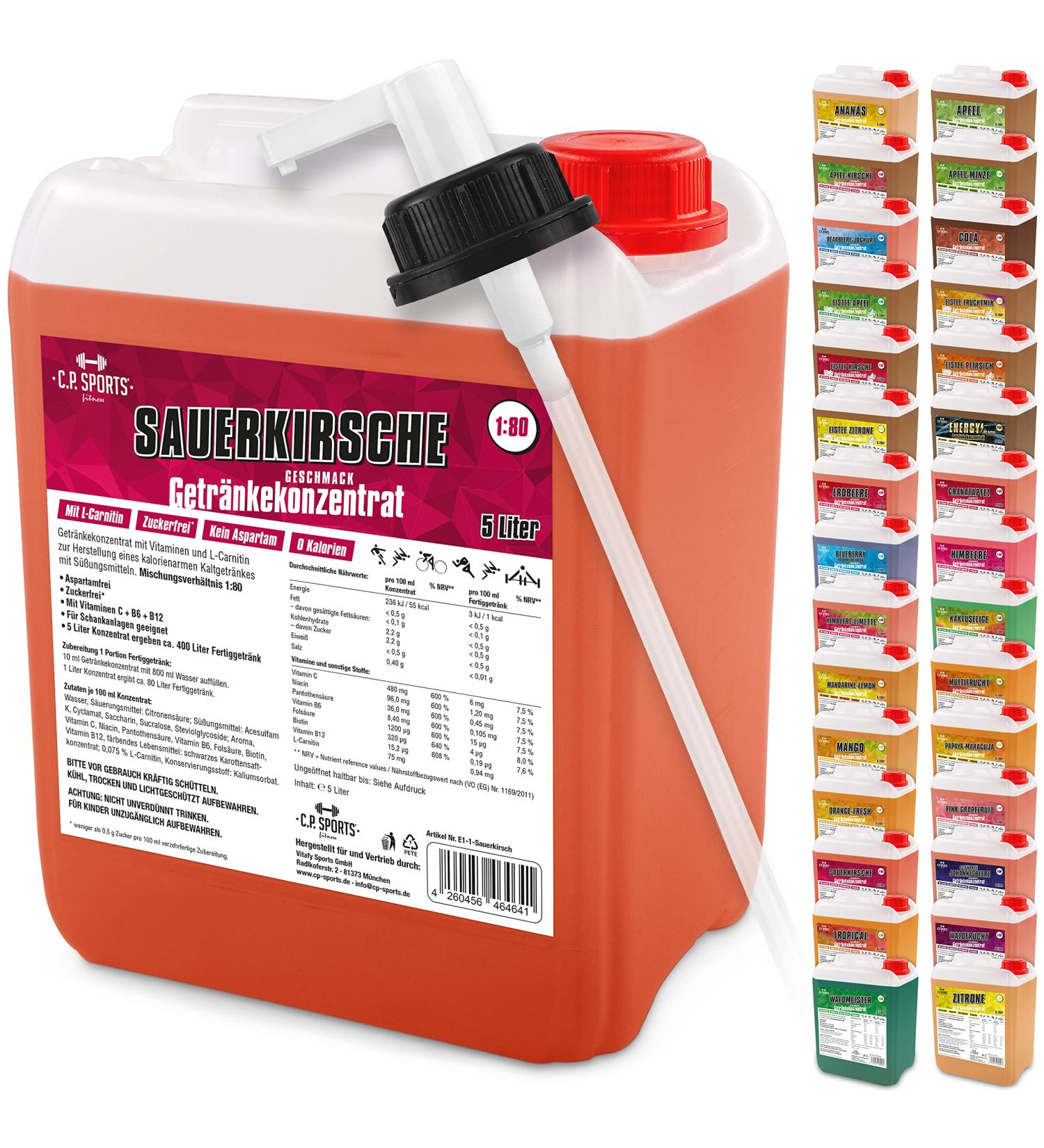 C.P.Sports Sugar-Free Cherry Beverage Syrup 5L Concentrate with Vitamins for Vital Sports Drinks + Pump Dispenser Ideal for Hydration & Energy - Buy Online on GoSupps.com