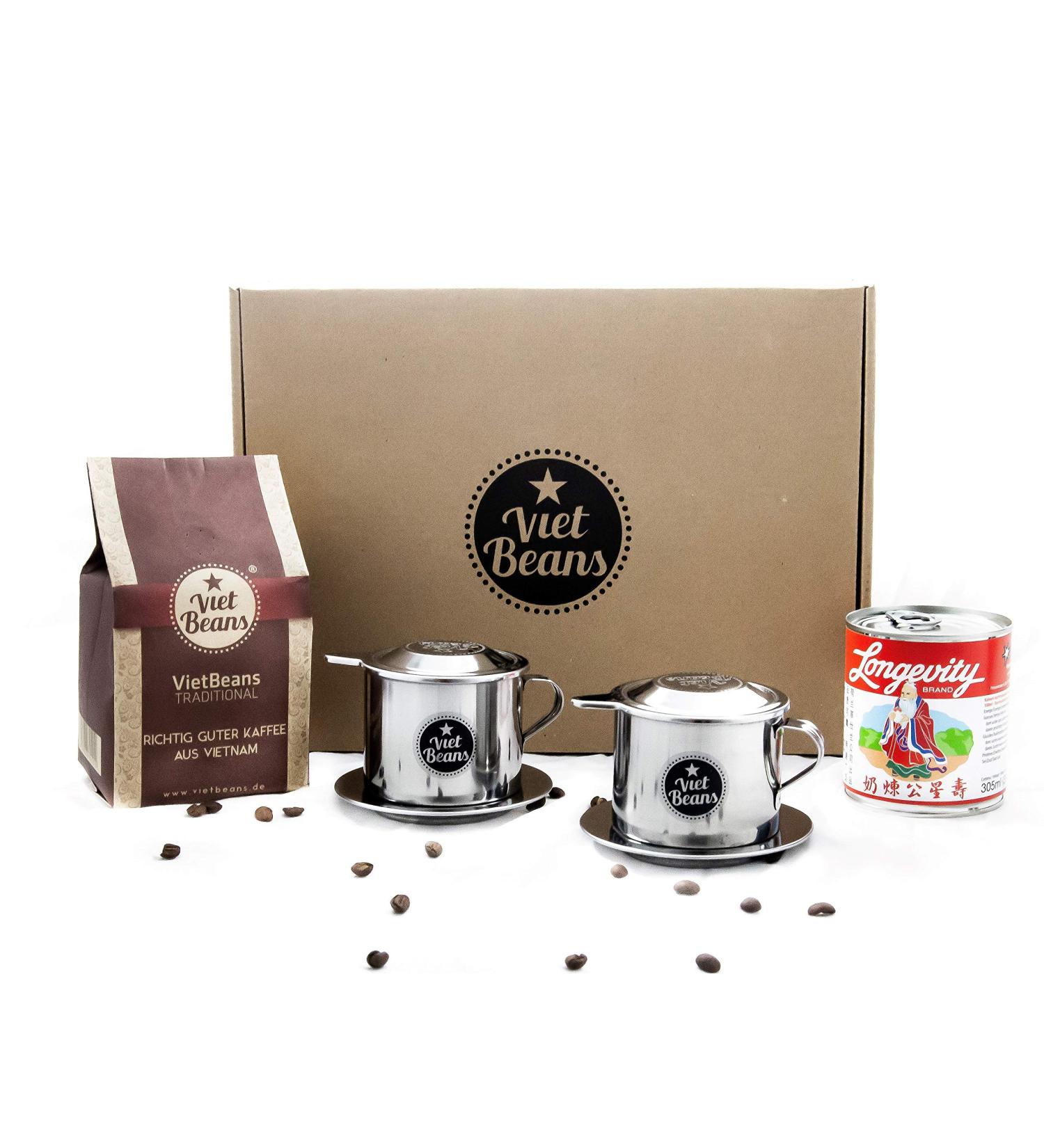 Vietbeans Breakfast for Two Gift Set - 250g Ground Coffee 2 Stainless Steel Filters & Condensed Milk - Perfect Gift for Coffee Lovers - Buy Online on GoSupps.com