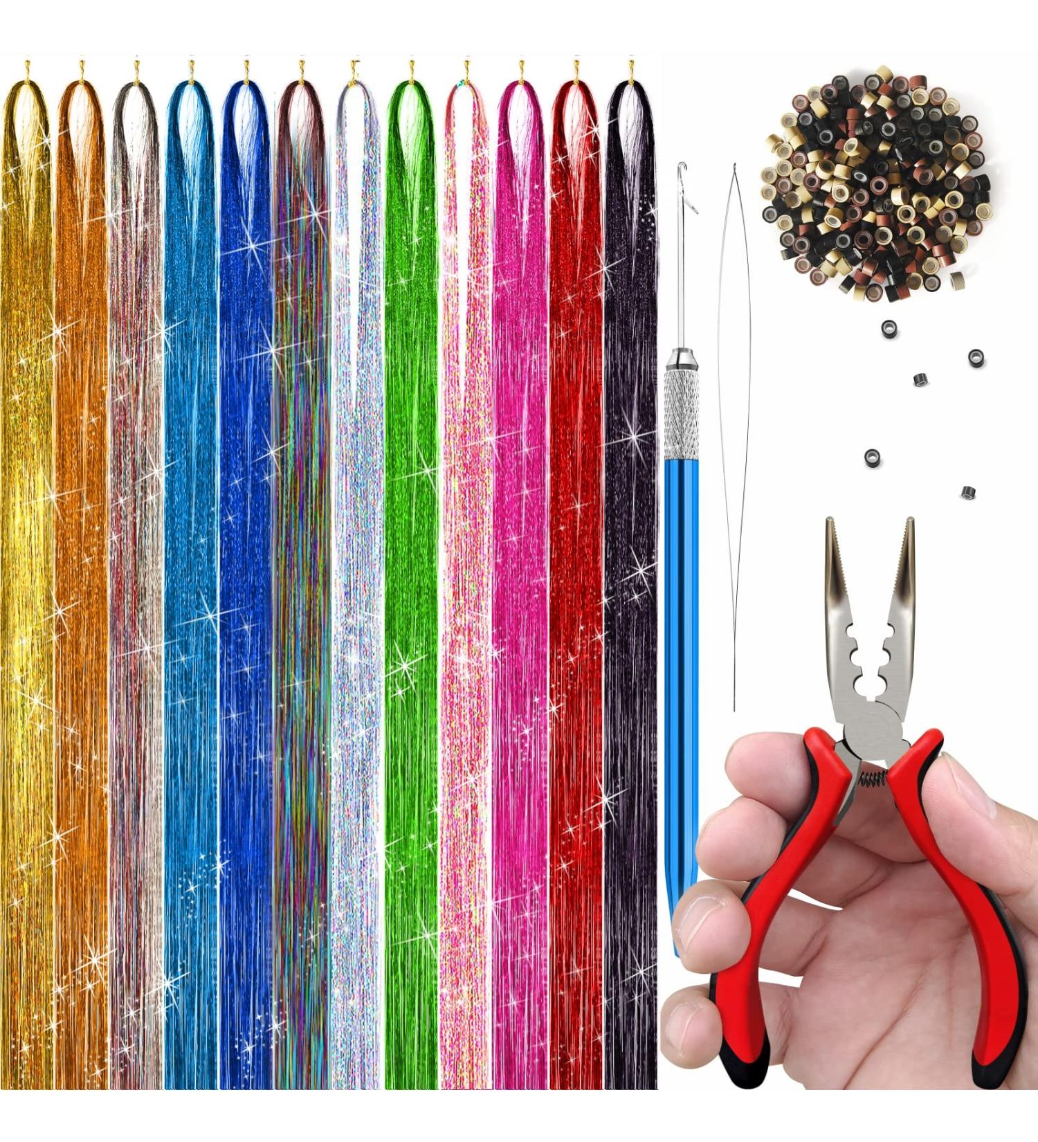 47 Inch Hair Tinsel Kit with Microlinks Tools - Fairy Hair Glitter Extensions, Heat Resistant - 12 Colors - Buy Online on GoSupps.com