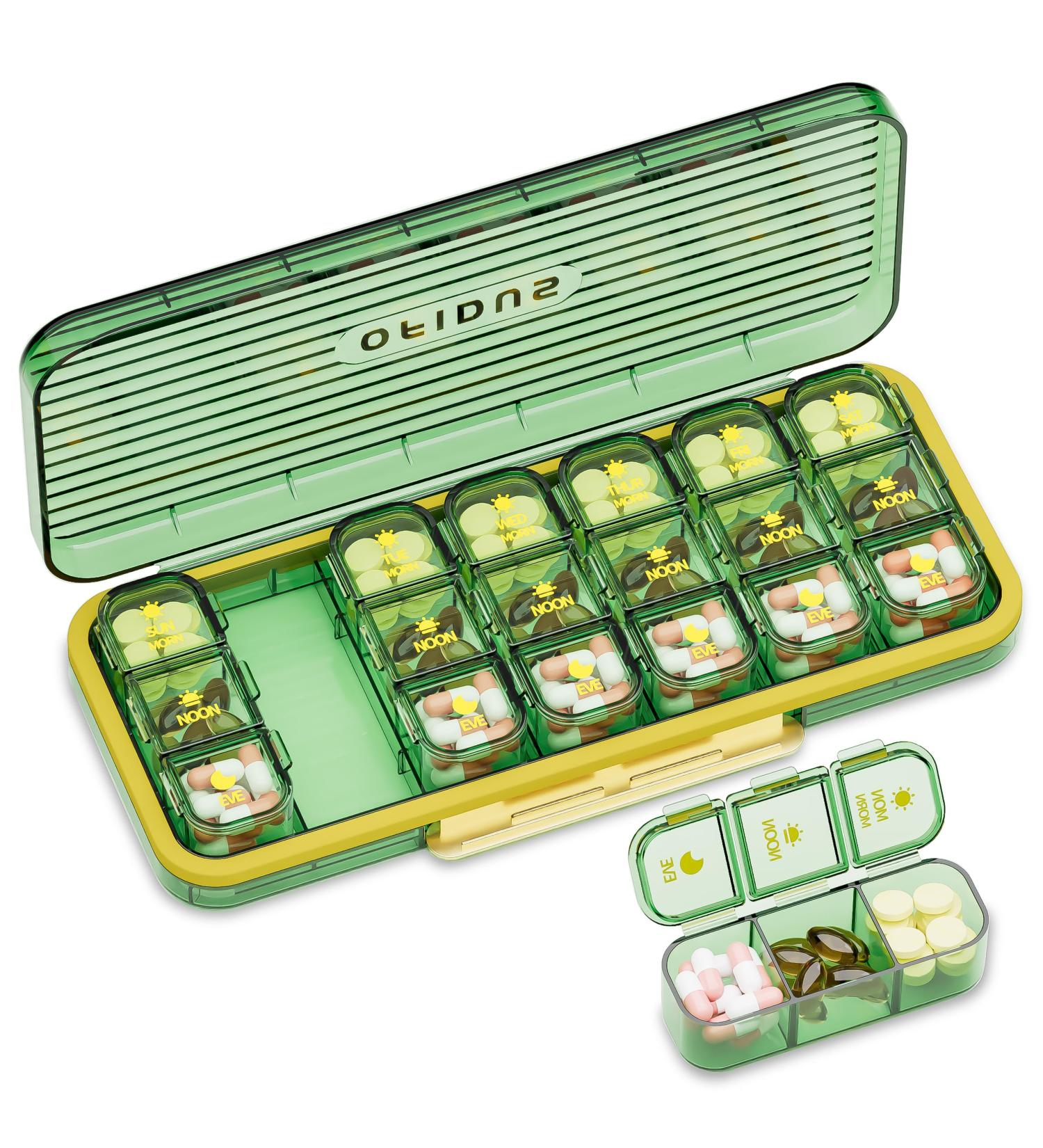 21 Cells Pill Organizer - Waterproof & Moistureproof Large Capacity Daily Case for Travel & Home Removable Compartments - Green - Buy Online on GoSupps.com