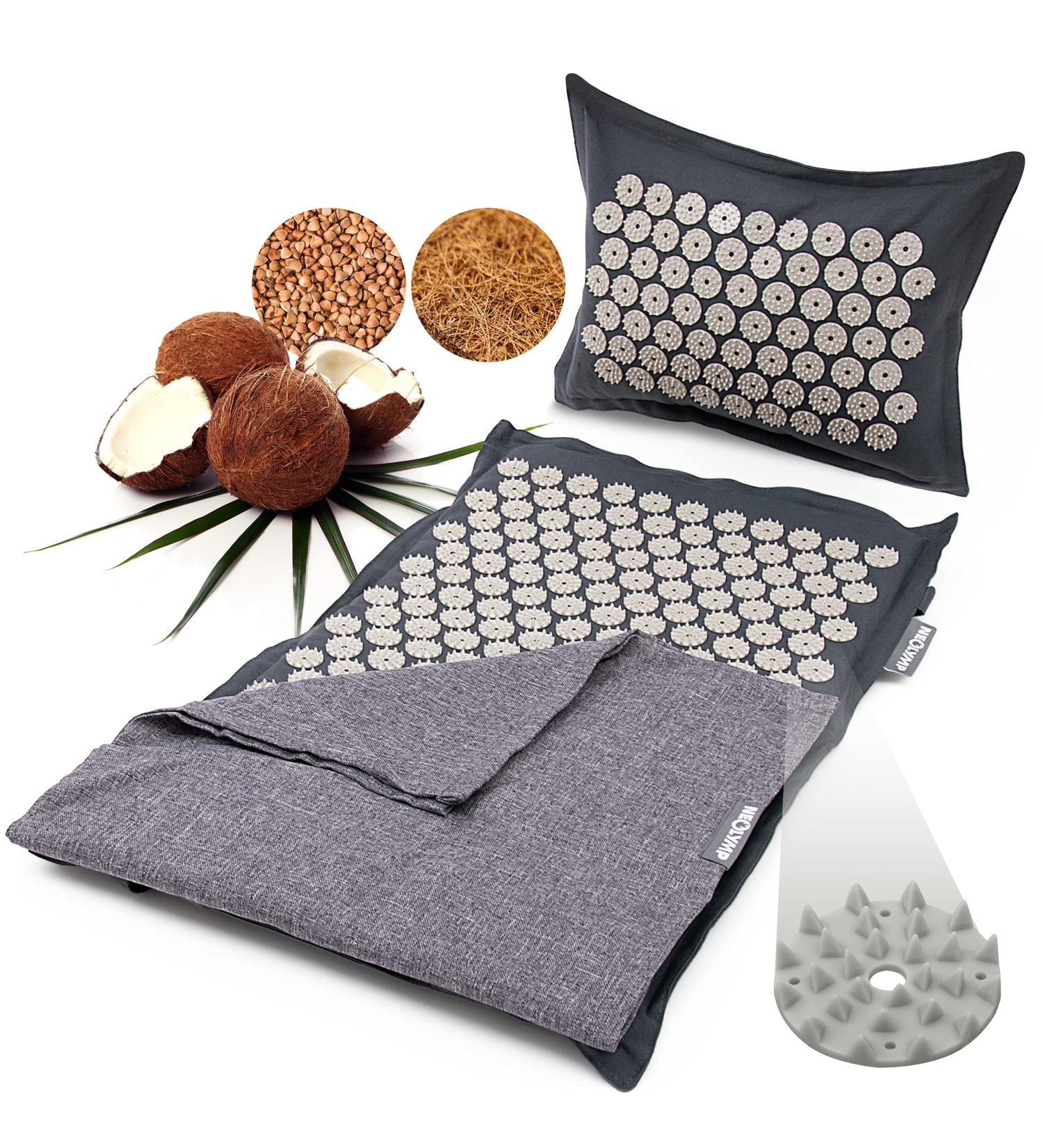 Neo-Olympus Acupressure Mat with Pillow | Coconut & Buckwheat Filling | 7 452 Pressure Points | Video Instructions | Dark Gray Massage Mat - Buy Online on GoSupps.com