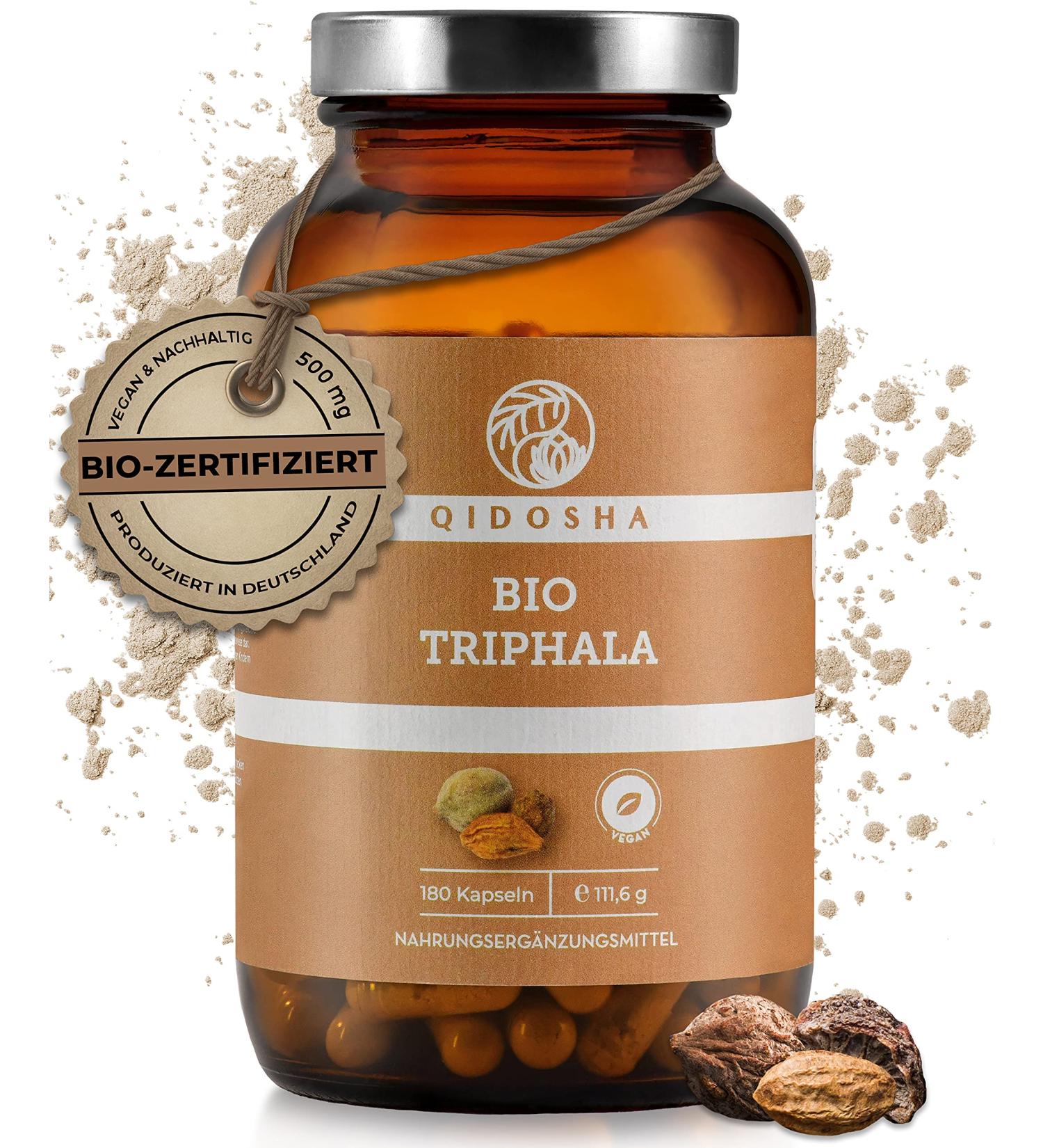 Qidosha Triphala Capsules - High Dose 500mg | 180 Vegan Capsules | Bio Ayurvedic Amalaki Bibhitaki Haritaki | Lab Tested Quality - Buy Online on GoSupps.com