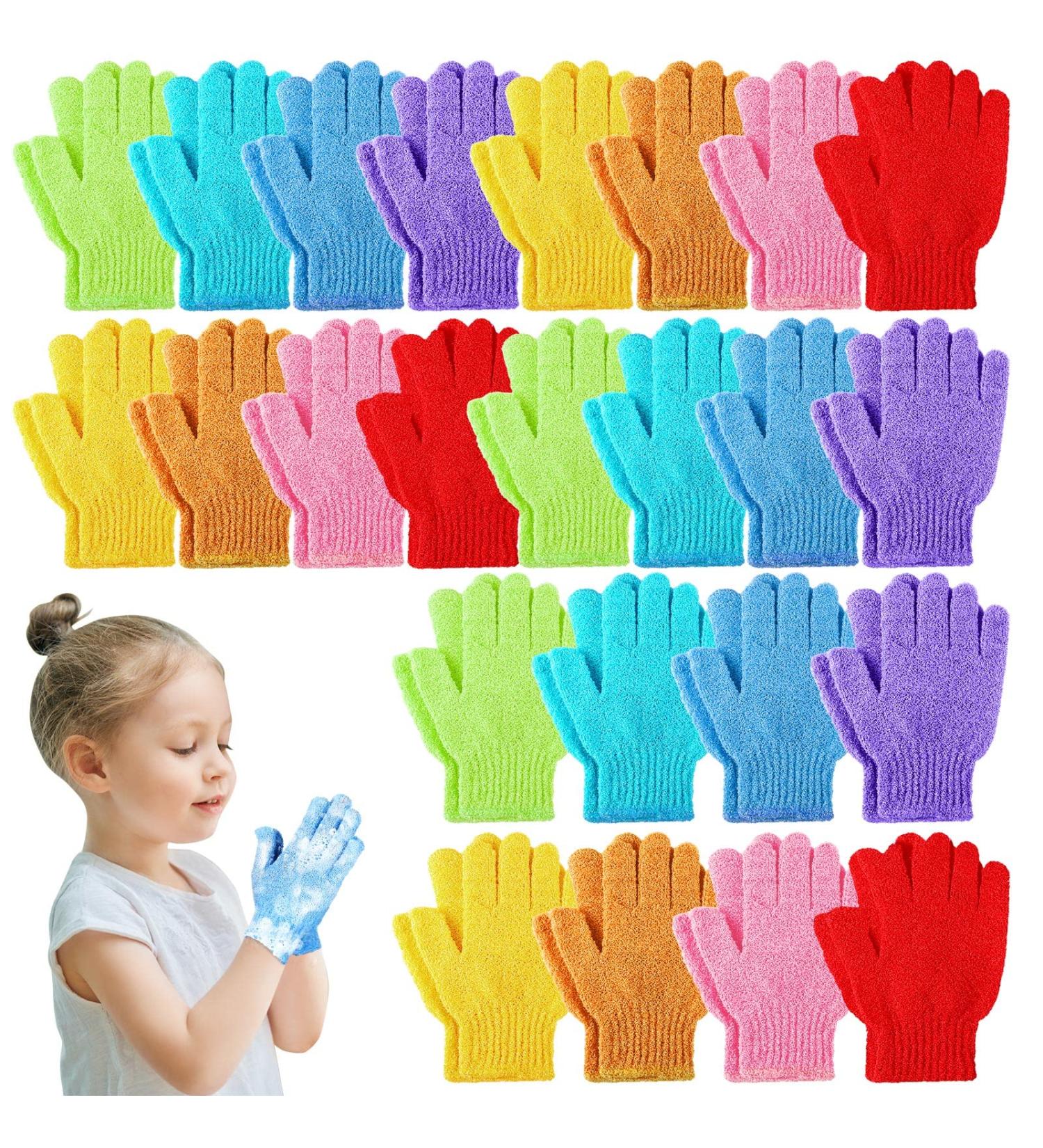 48 Piece Kids Exfoliating Glove Set | Double Sided Bath Shower Gloves for Children | Nylon Body Scrubber with Hanging Loop | For Ages 4-12 | 8 Colors Available - Buy Online on GoSupps.com