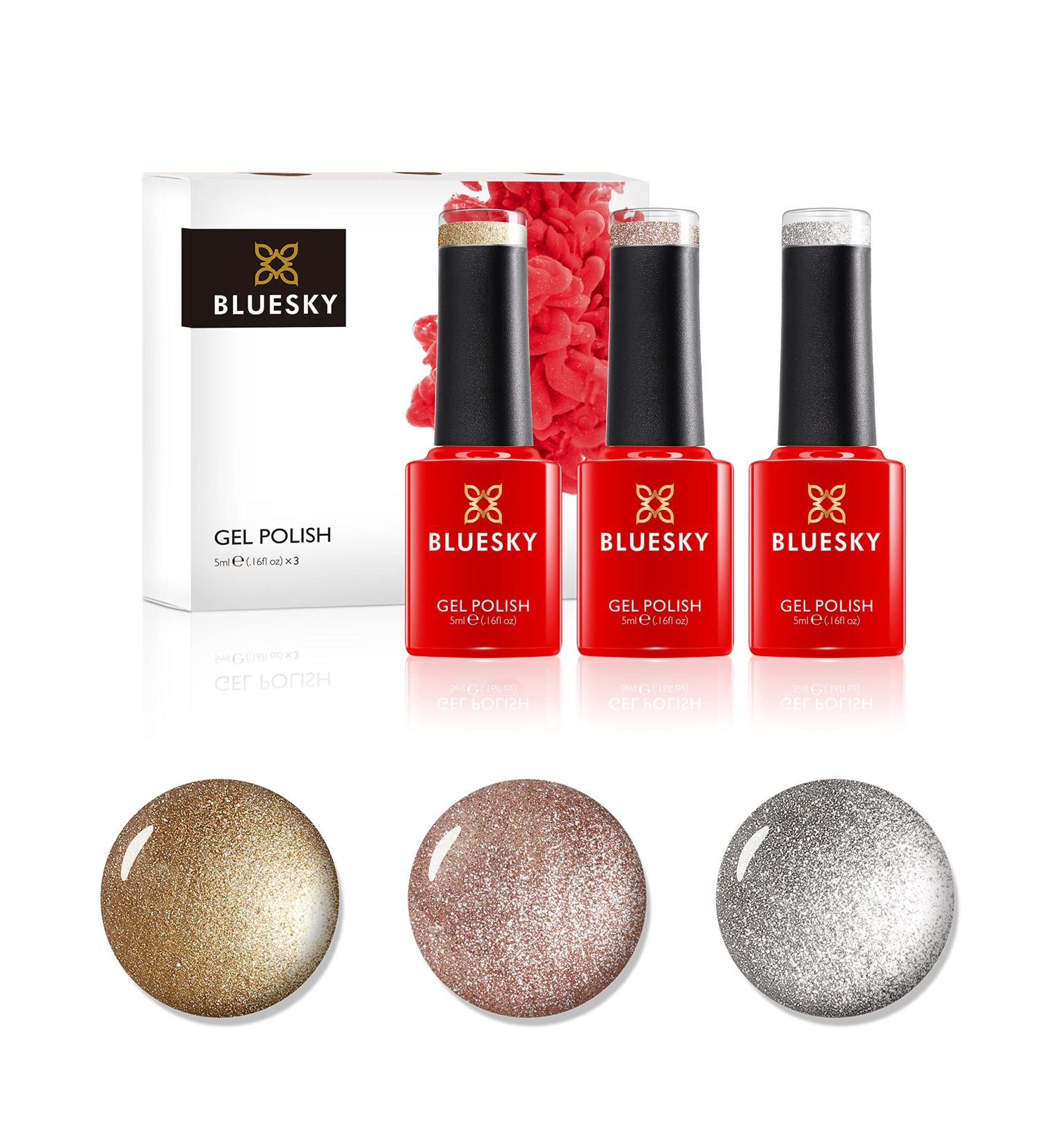 Bluesky Gel Nail Polish Set Metallics Silver Glitter A018 Locket Love 80582 Chiffon Twirl 80589 3 x 5 ml Gold Silver (Requires Curing Under UV or LED Lamp) Metallics 1 count (Pack of 1) - Buy Online on GoSupps.com