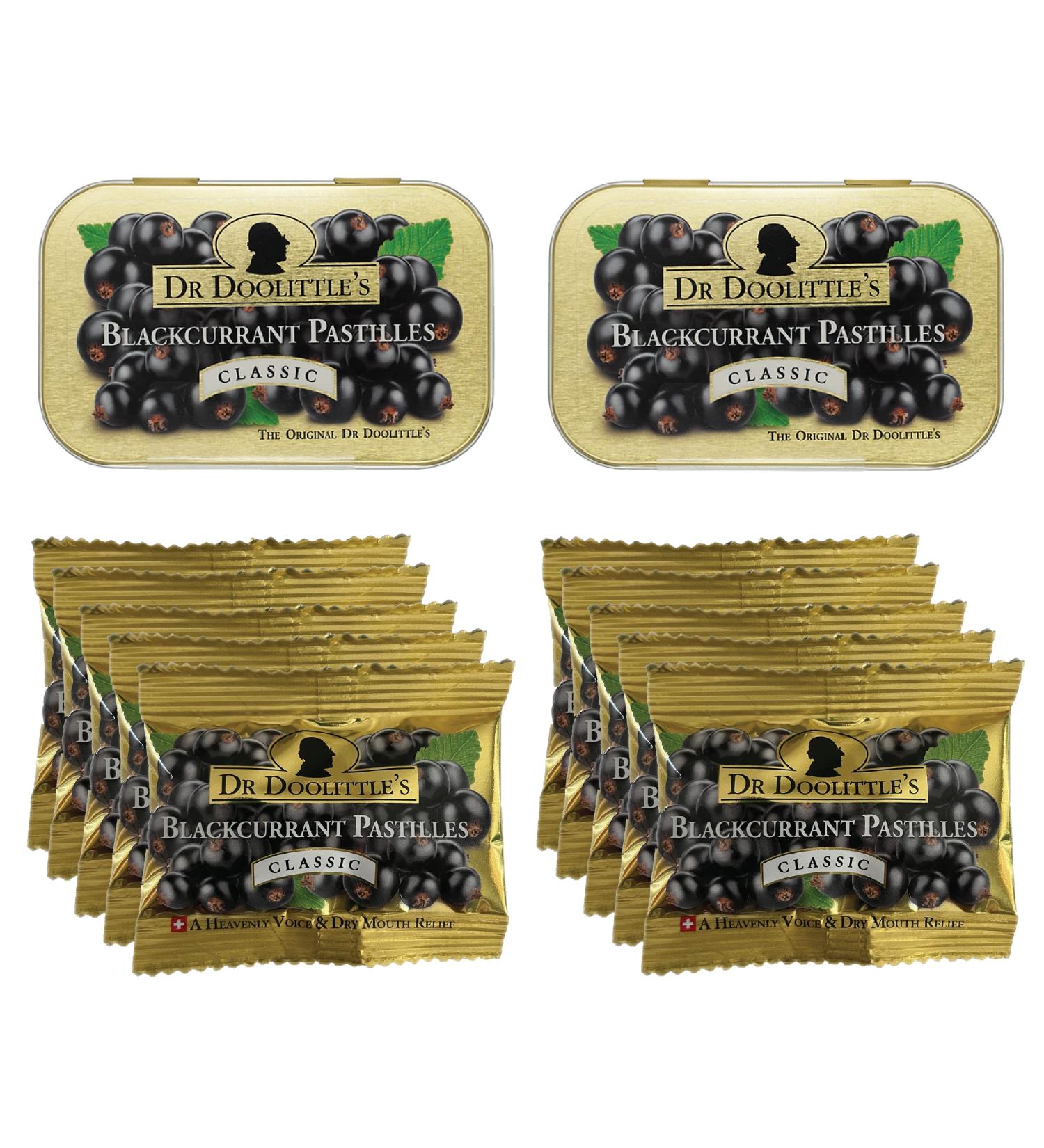 Dr. Doolittle's Blackcurrant Fruit Pastilles for Voice & Throat - 2 Pack Tin & 10 Pack Travel Size Bag - Buy Online on GoSupps.com