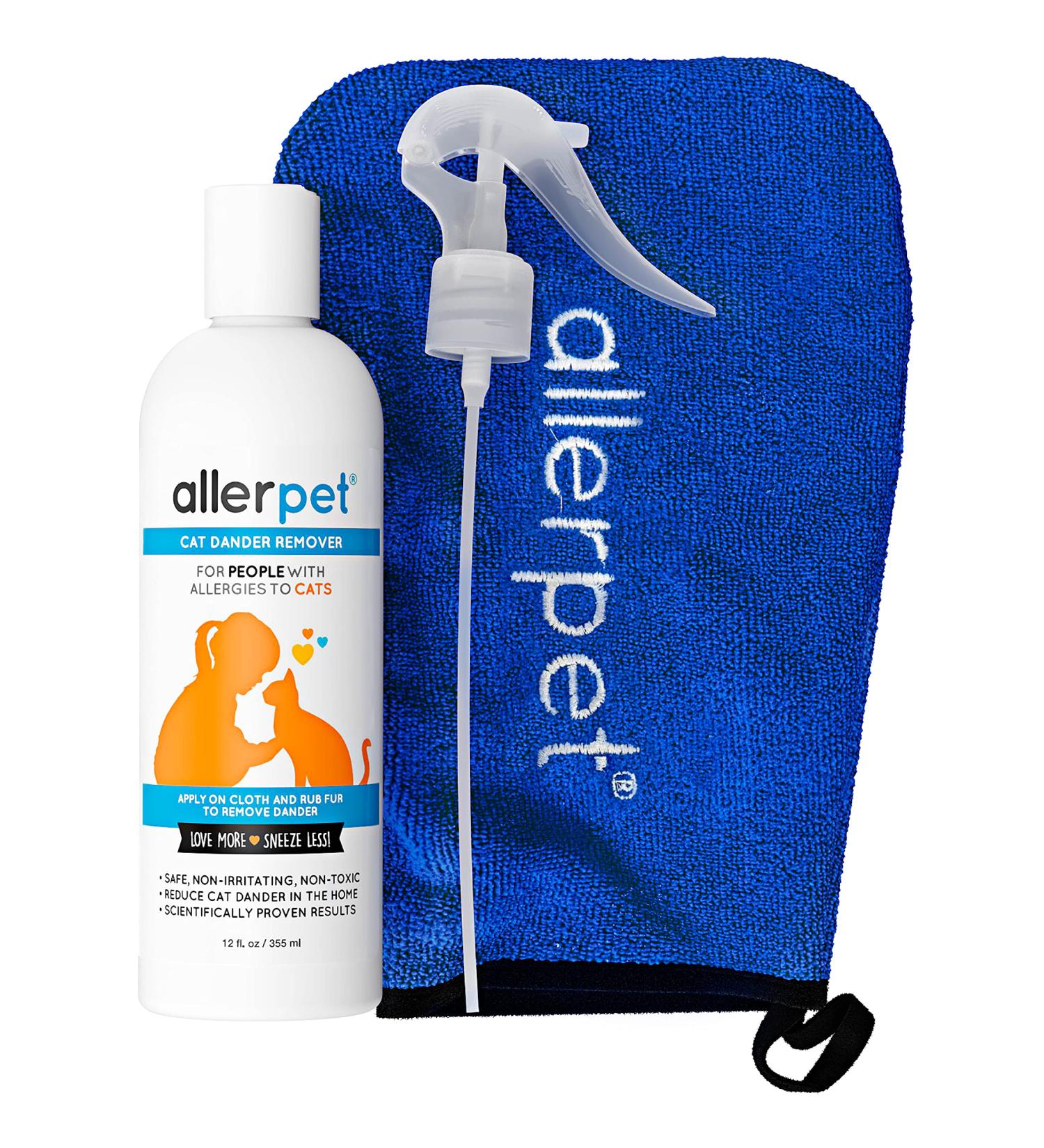 Allerpet Cat Dander Remover - 100% Non Toxic Allergen Reducer - Effective Cat Allergy Relief - USA Made - 12oz with Applicator Mitt & Sprayer - Buy Online on GoSupps.com
