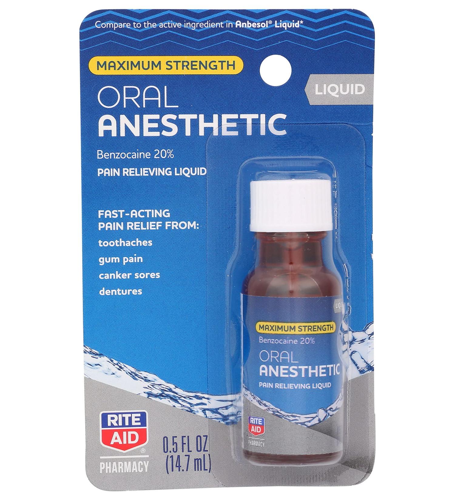 Rite Aid Maximum Strength Liquid Anesthetic Oral Pain Relief - .5 fl oz , Benzocaine 20% | Pain Relief Medications & Treatments | Canker Sore and Tooth Pain Relief for Adults | Mouth Sores Treatment