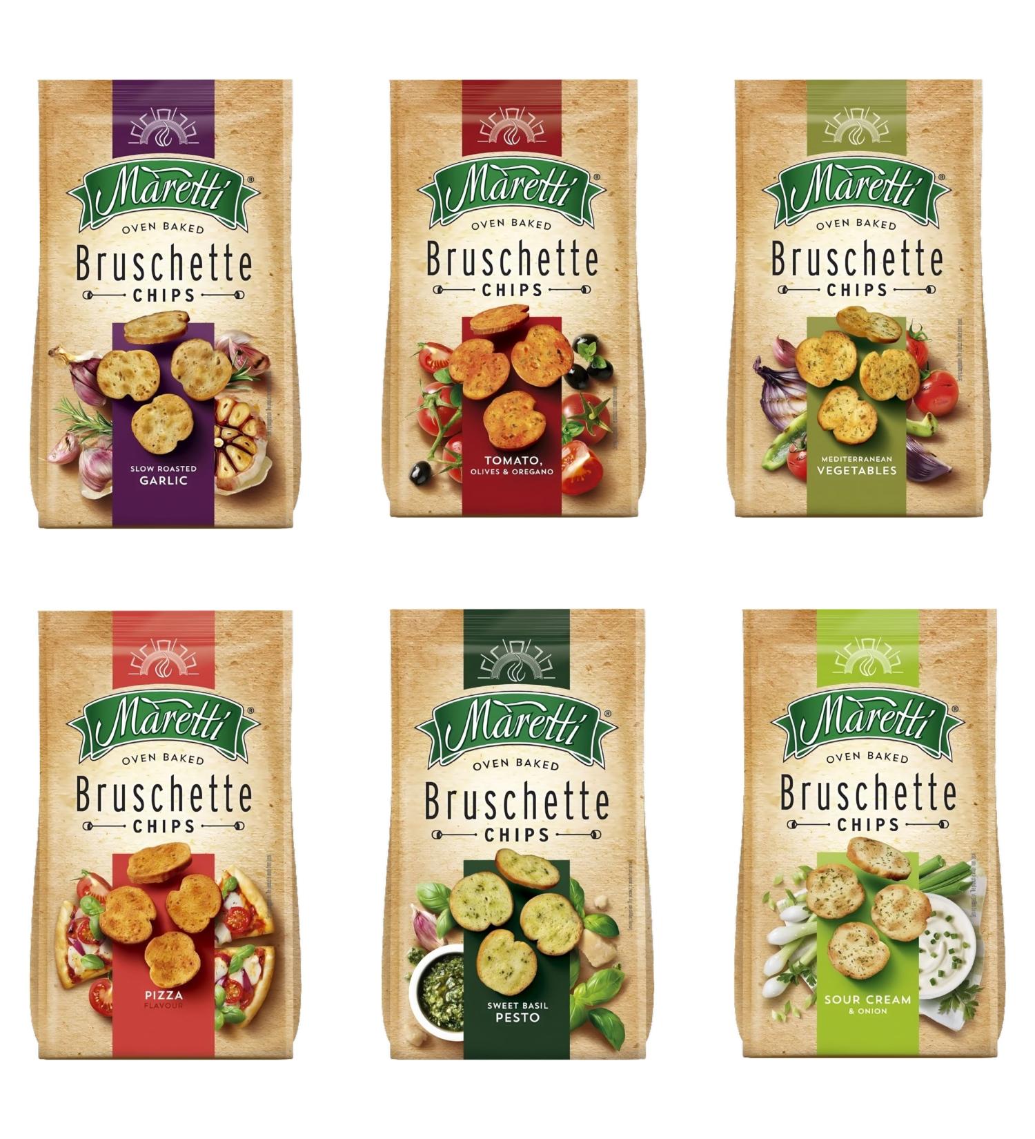 Maretti Bruschette Chips Packet Pick N Mix - Choose From 5+ Flavours | Slow Roasted Garlic Tomato Olives & Oregano Mediterranean Vegetables Sweet Basil Pesto - Pack of 5 x 150g - Buy Online on GoSupps.com