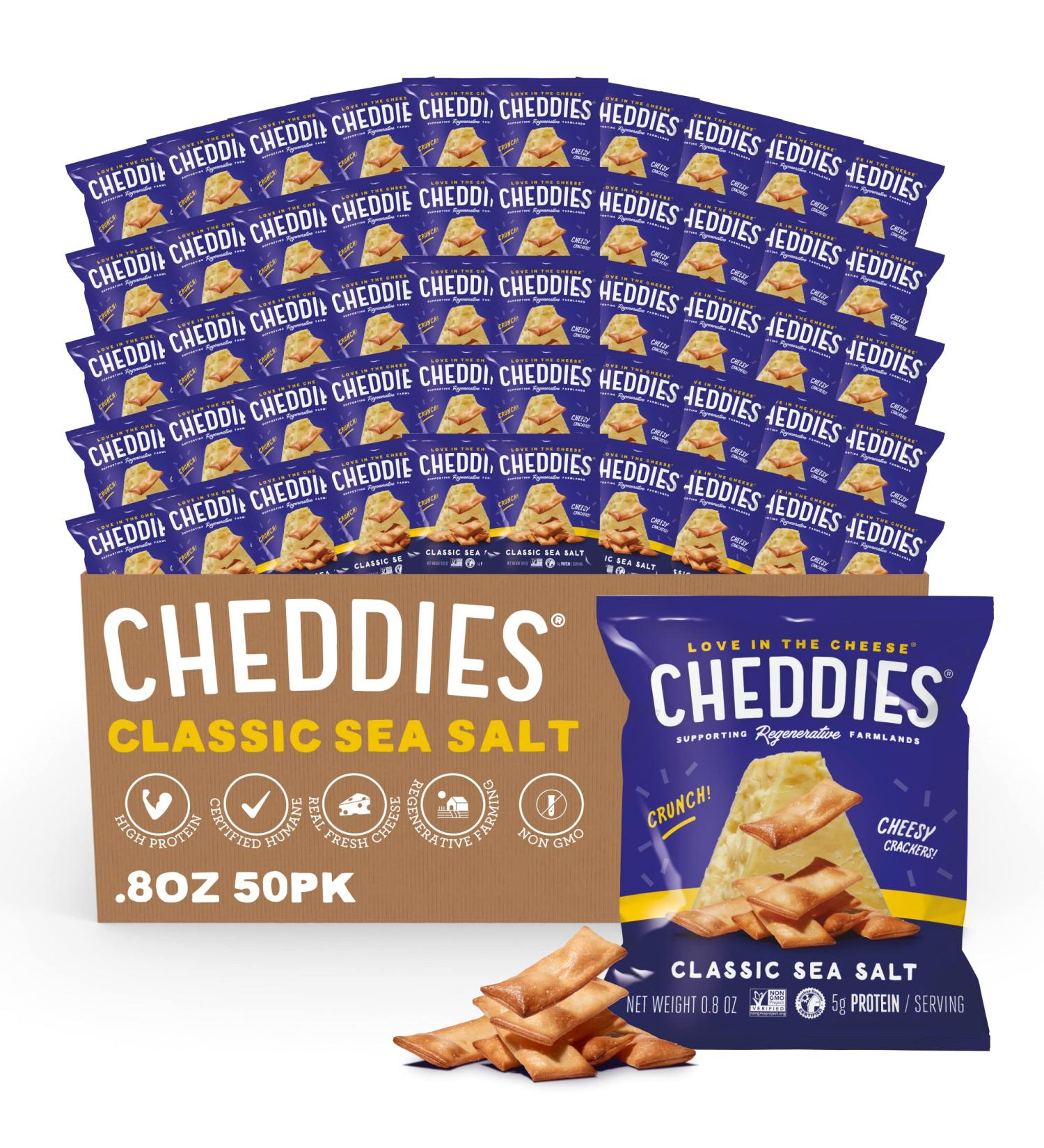 Cheddies Crackers - Classic Sea Salt | Non-GMO Regenerative Farming | High Protein | 0.8 oz (Pack of 50) - Buy Online on GoSupps.com