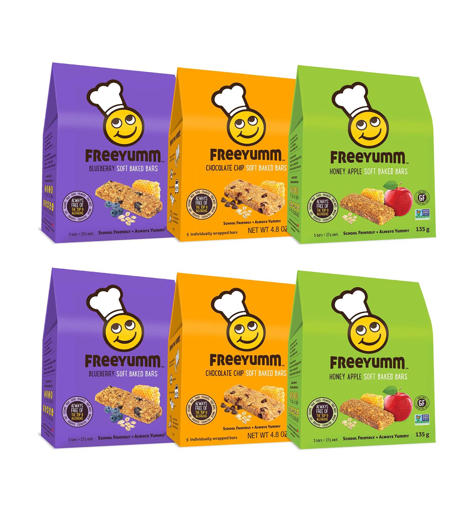 FreeYumm Soft Baked Bars Variety Pack - Chocolate Chip, Honey Apple, Blueberry - Plant Based & Allergen Free - 30 Individually Wrapped Bars - Buy Online on GoSupps.com