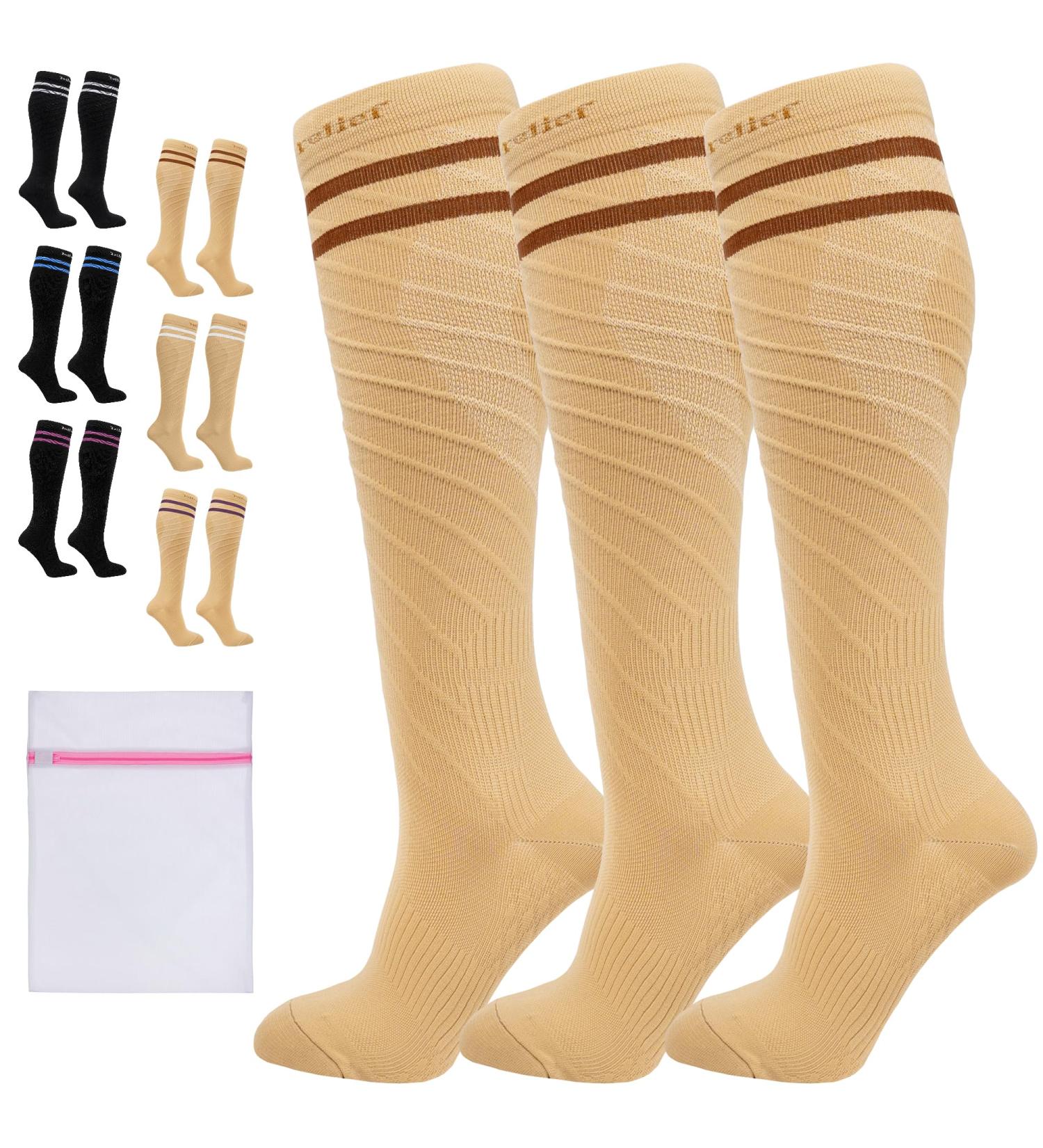 360 RELIEF - Flight Compression Socks Supports | Blood Circulation Travel Work XXL 3Pairs-Beige with 2 Dark brown lines - Buy Online on GoSupps.com