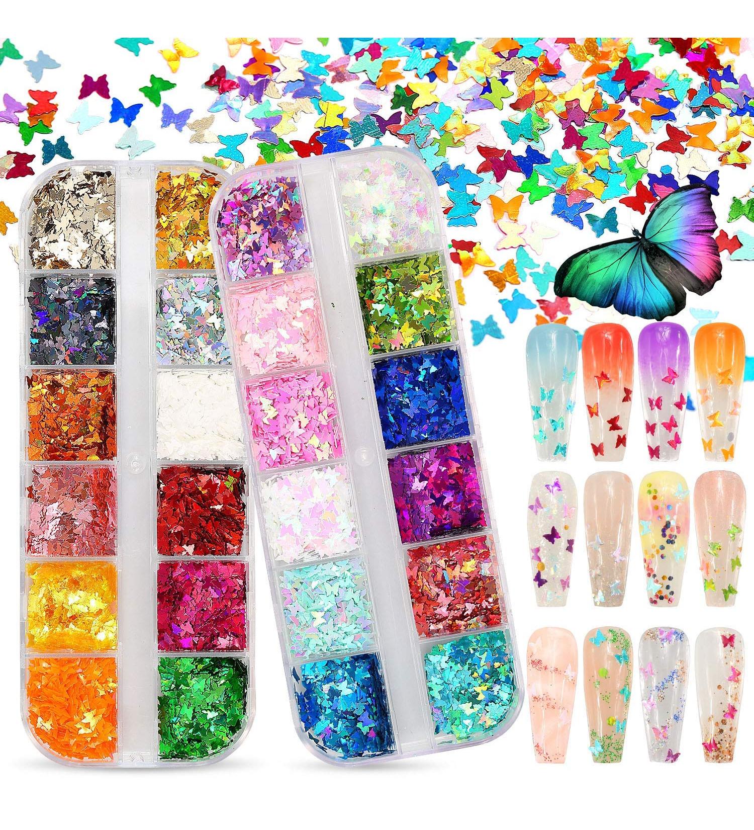 ANDERK Colorful Butterfly Sequins for Hair and Nails - 24 Boxes Iridescent Flakes Colorful Mixed Paillette Makeup Face Body Hair Nail Art Decoration - Buy Online on GoSupps.com