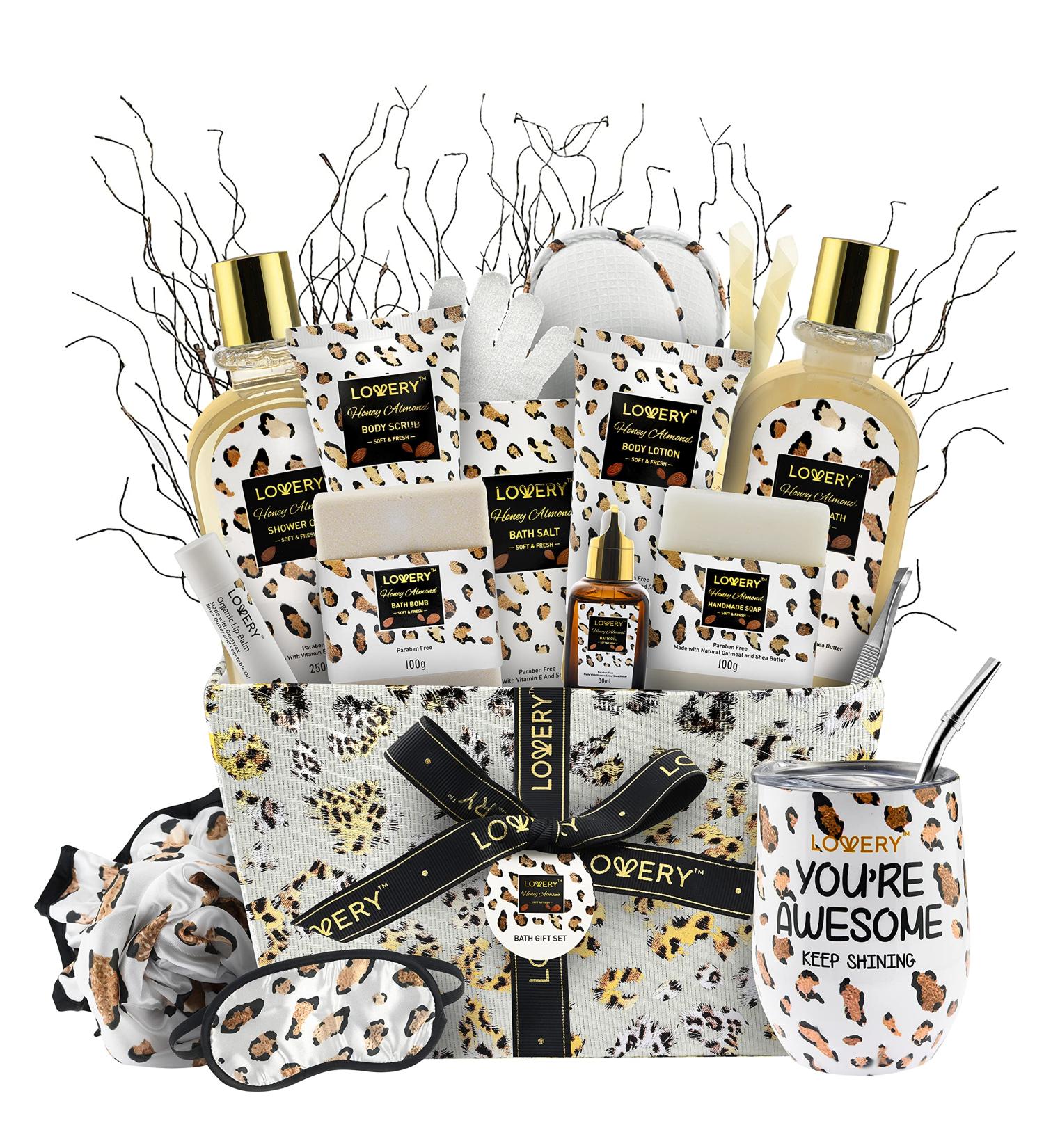 Honey Almond Scent Fathers Day Home Spa Kit | Bath Gift Basket with Vit E-Rich Essentials | Shower Steamer, Ear Candles & Organic Lip Balm | 21Pc Set in Leopard Basket - Buy Online on GoSupps.com