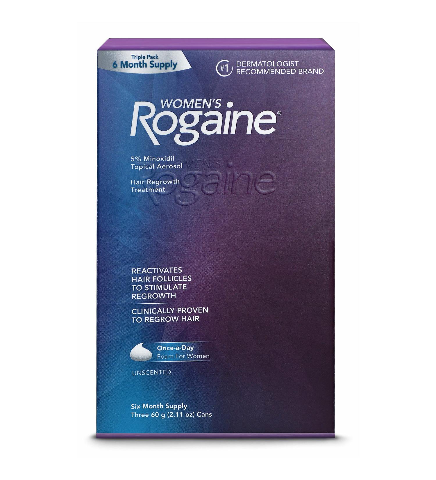 Women's ROGAINE 5% Minoxidil Topical Aerosol Hair Regrowth Treatment (Unscented) Foam - SIX MONTH SUPPLY - Three 60g. (2.11 oz) Cans (Packaging varies)