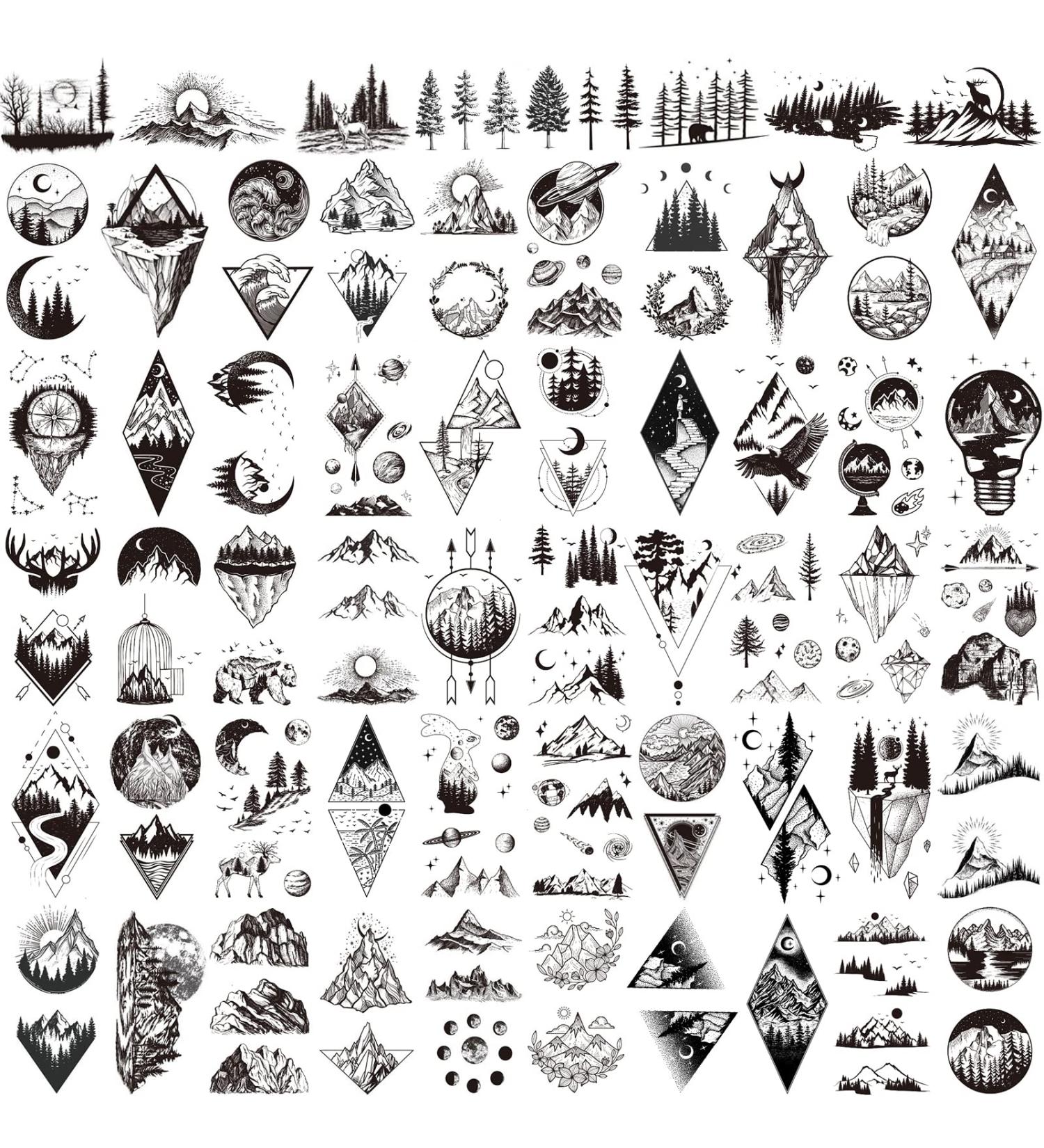 62 Sheets Mountain Temporary Tattoos Stickers - Waterproof Black Geometry Sun Star Moon Tree Triangle Sea Wave Designs - Semi Permanent for Adults and Kids - Buy Online on GoSupps.com