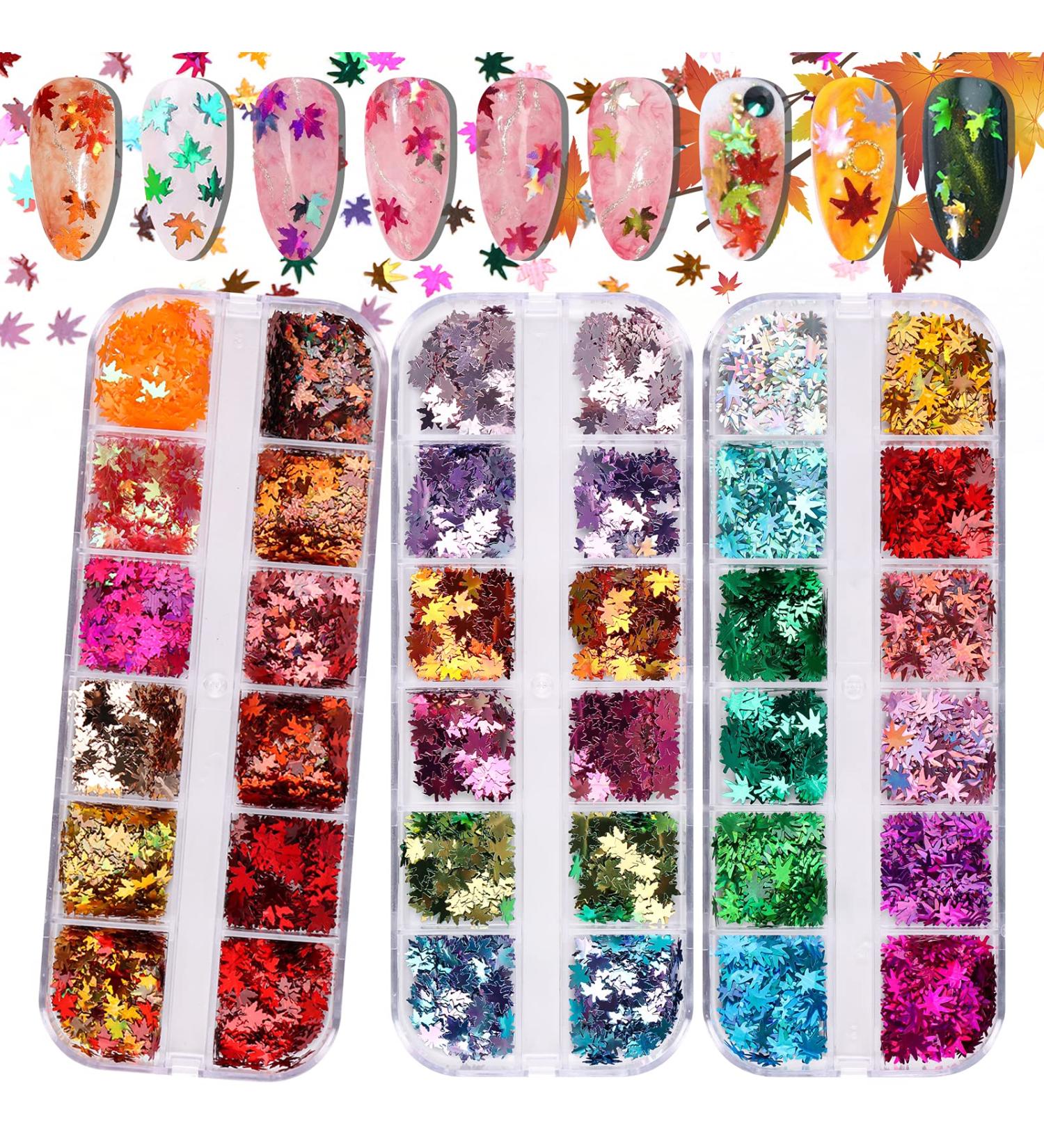 Kalolary 3 Boxes Maple Leaf Nail Art Glitter Sequins | 3D Holographic Autumn Flakes for DIY Nails & Crafts - Buy Online on GoSupps.com