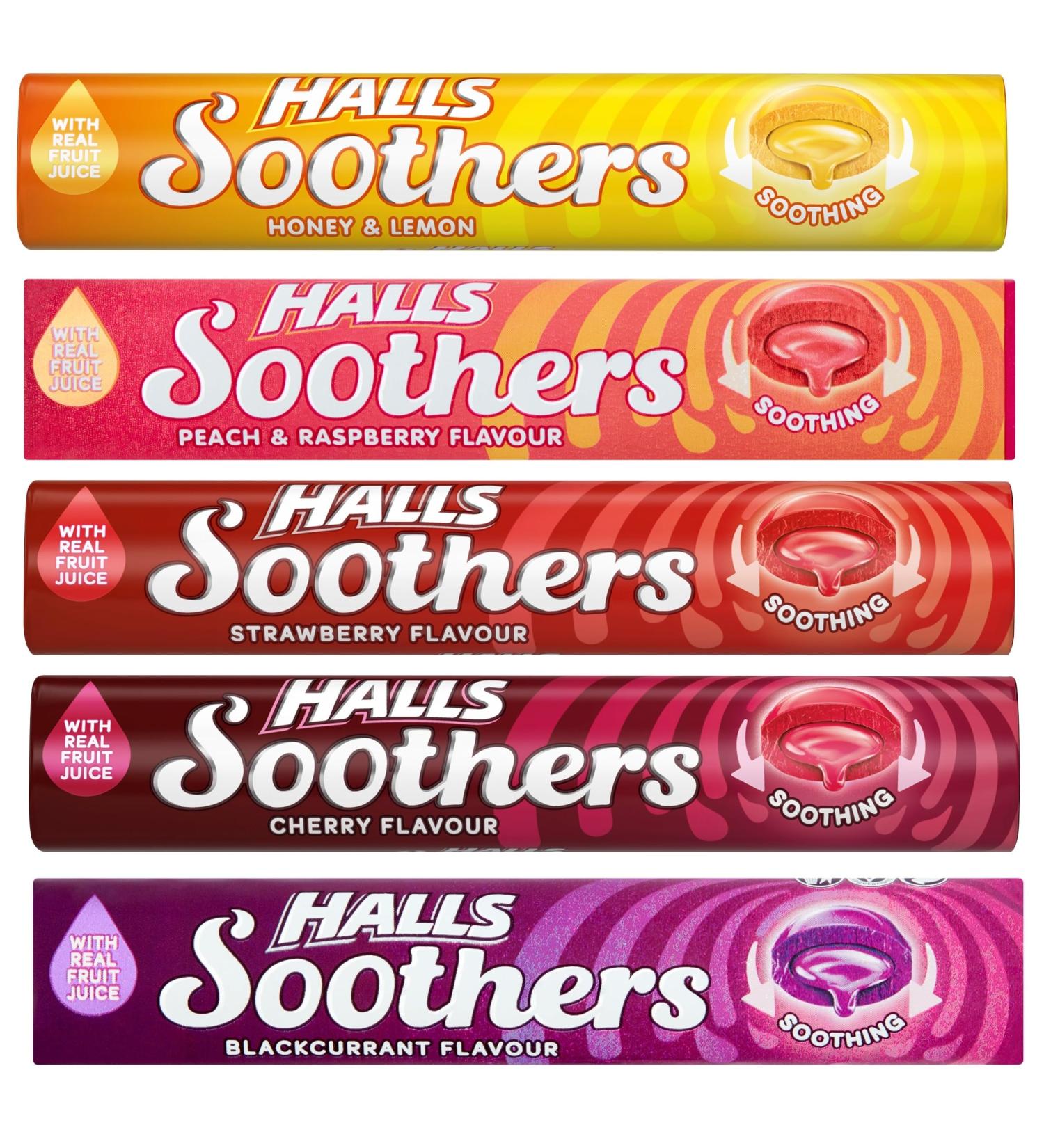 Halls Soothers 5X 45g Mixed Flavour Drops Mints Cherry Strawberry Peach & Raspberry Blackcurrant Honey & Lemon Bundle - Buy Online on GoSupps.com
