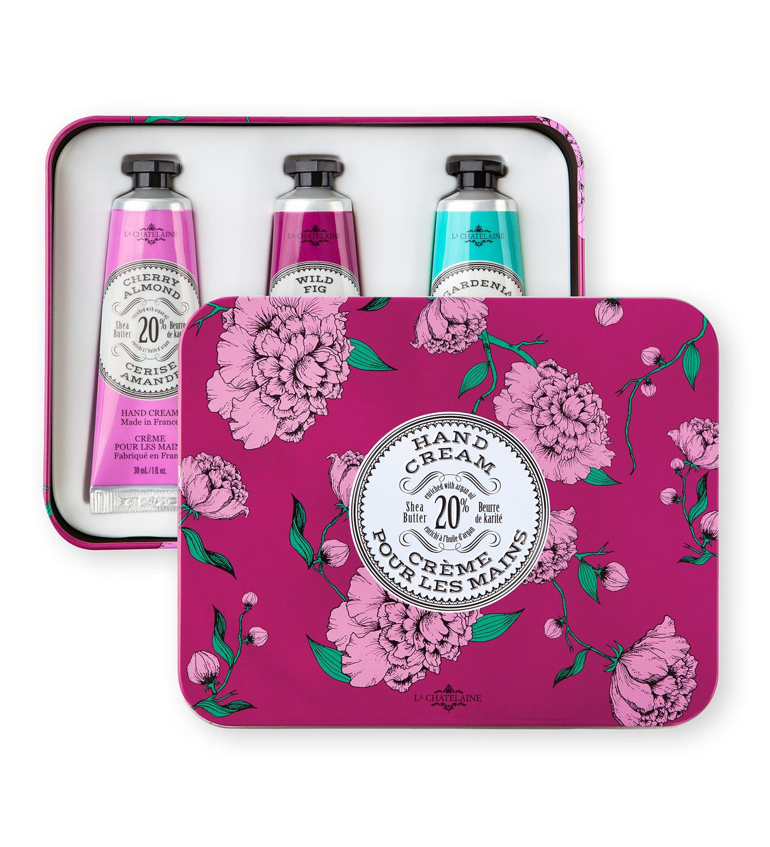 La Chatelaine Hand Cream Trio Tin Gift Set - Graduation & Teacher Gift | Made in France with 20% Organic Shea Butter & Argan Oil | 3 x 1 fl oz (Cherry Almond, Wild Fig) | Plant-Based Formula in Ready-To-Gift Tin - Buy Online on GoSupps.com