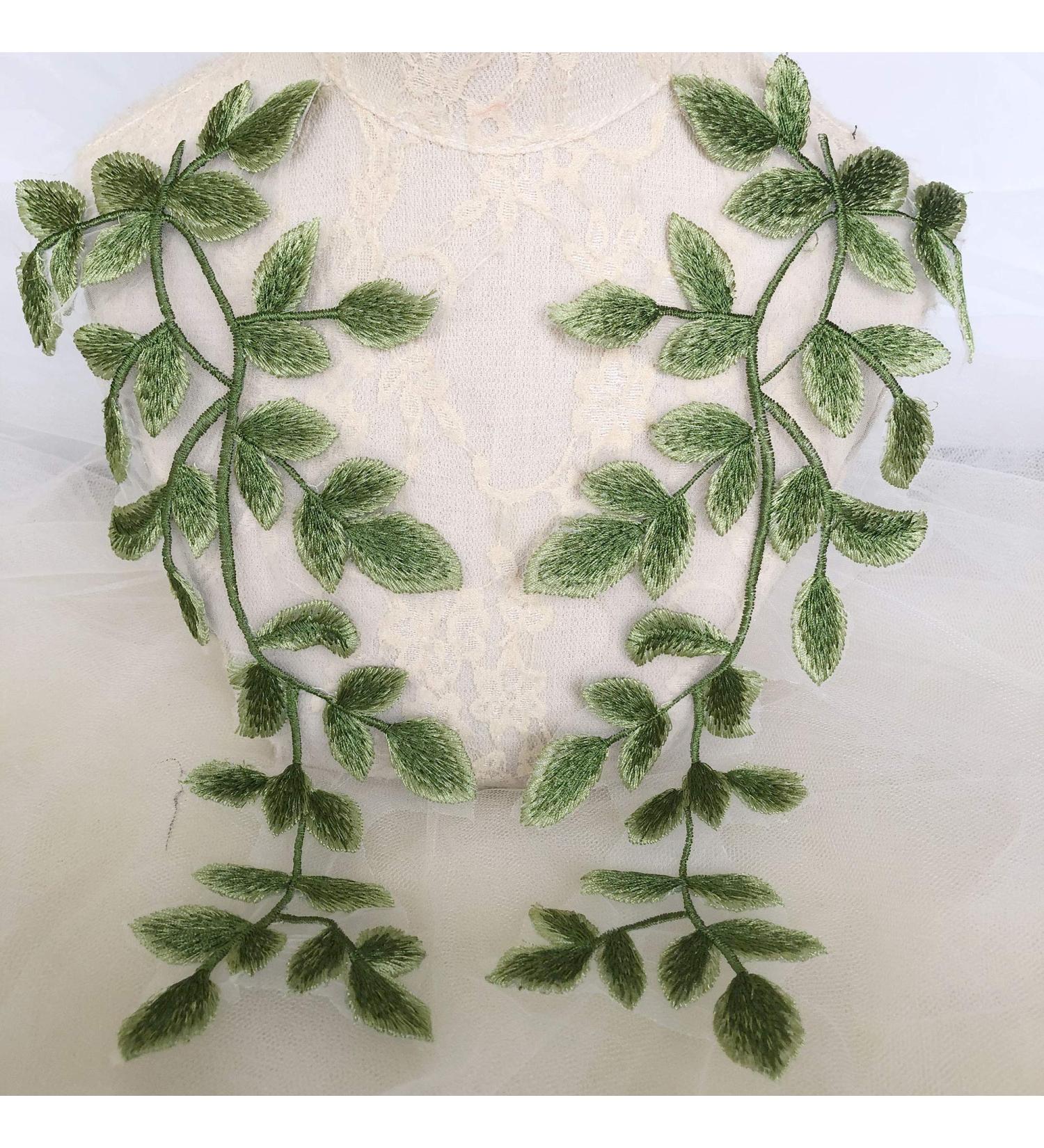 Mirror Pair Green Forest Leaves Applique Lace Vine Motif Trims Embroidery Wood Patches