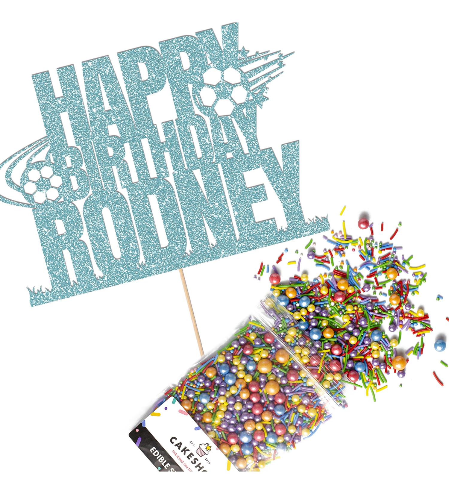 Cakeshop Cake Decoration Pack | Football Theme Happy Birthday Premium Double Sided Glitter Card Cake Topper & 25g Party Pack of Cake Sugar Sprinkles | Custom Name Cake Decoration (Baby Blue) Non-Prime Glitter Card: Baby Blue - Buy Online on GoSupps.com