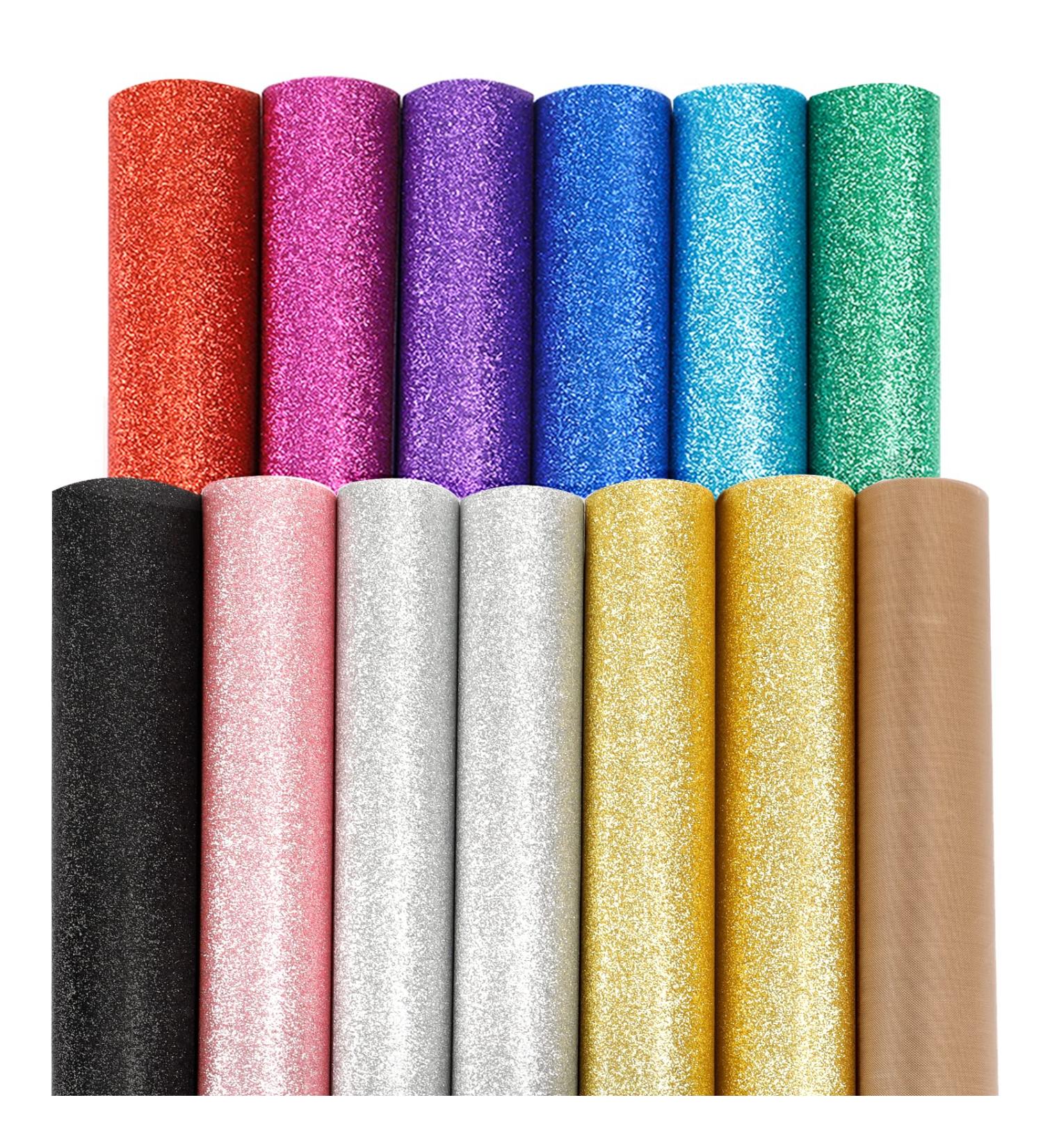SGHUO 12 Pcs Glitter HTV Heat Transfer Vinyl Set - 12in x 10in Iron on Vinyl in 10 Assorted Colors with Teflon Sheet for T-Shirts - Buy Online on GoSupps.com