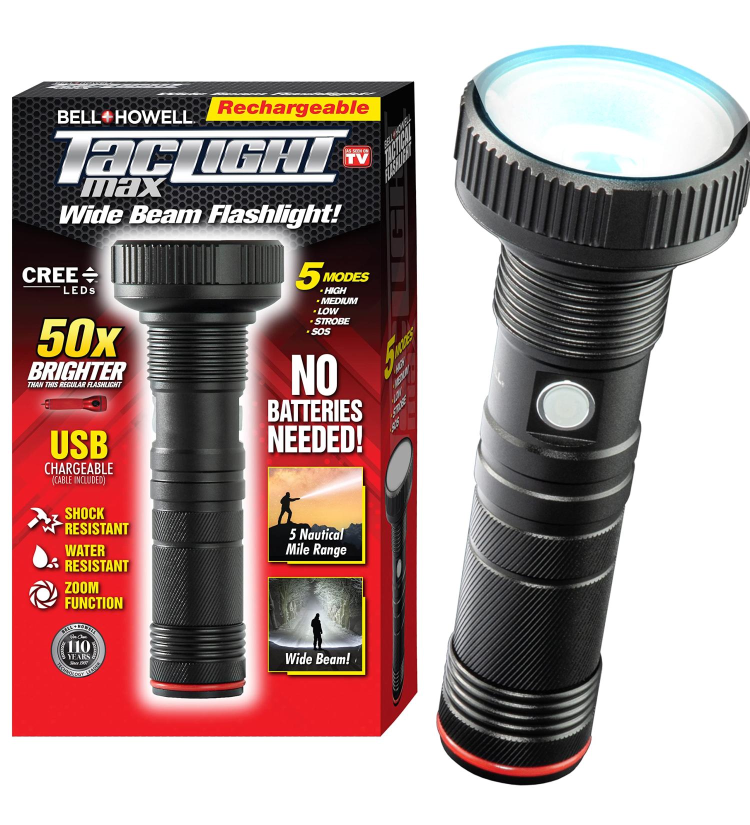 Bell+Howell Taclight Max Ultra High-Powered 500 Lumens Handheld Flashlight- Rechargeable, Water Resistant, 15 Hours Long-Lasting, 5 Modes - for Outdoor and Camping - Buy Online on GoSupps.com