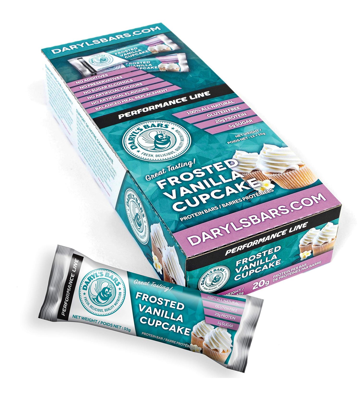 DARYL'S BARS - Performance Line Gluten Free Protein Bars - Frosted Vanilla Cupcake (55 Gram Bars 12 Count)