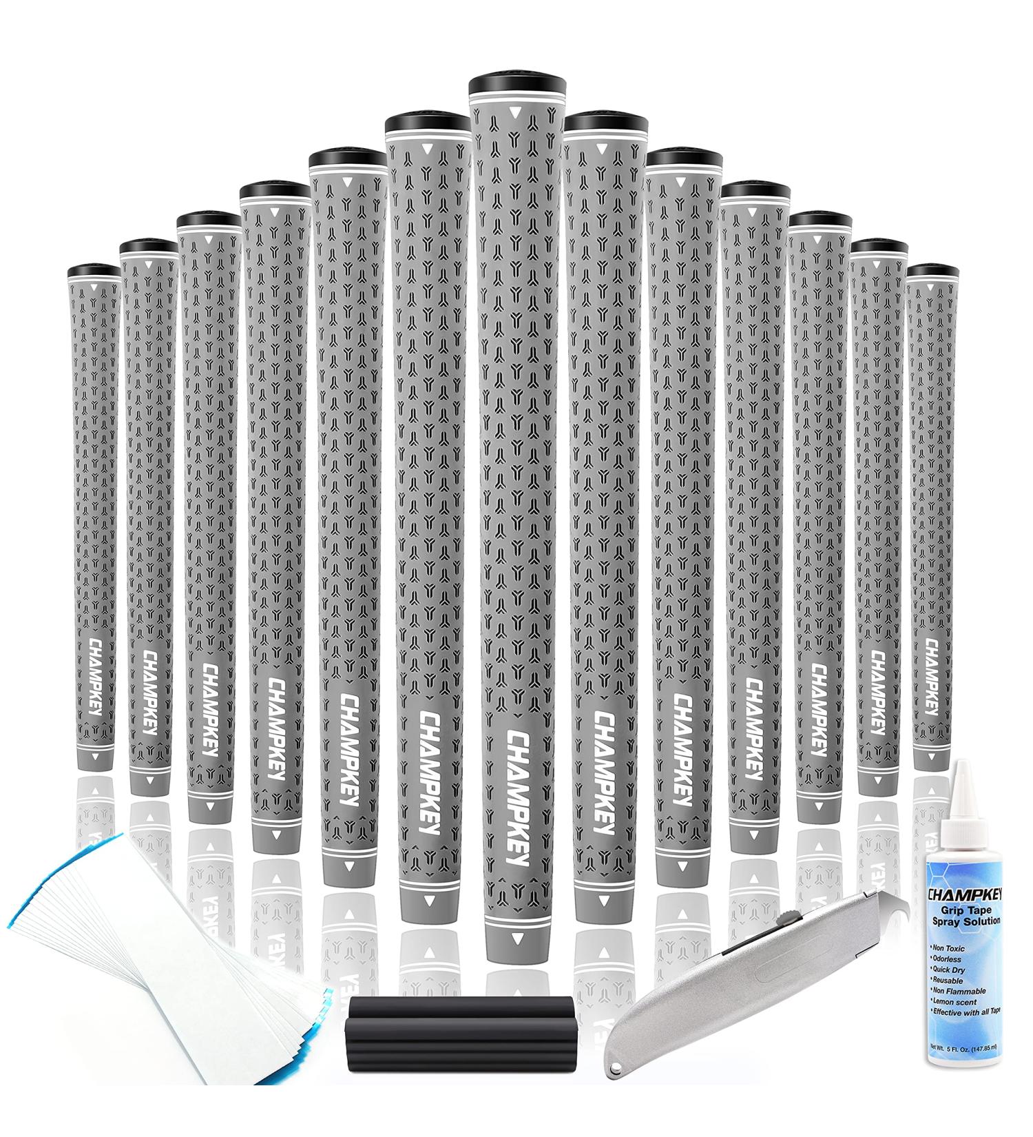 CHAMPKEY Y-LITE Golf Grips 13 Pack with All Repair Kits | All Weather Performance Golf Club Grips | High Traction Golf Rubber Grip with Texture Control Technology Standard Grey