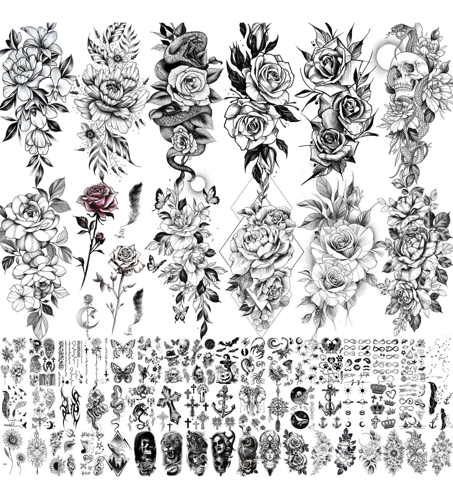 Shegazzi 3D Flower Temporary Tattoos for Women - Realistic Rose, Peony, and Floral Designs - 63 Sheets Total - Sexy Fake Tattoo Stickers - Adult Snake, Letter, Anchor, and Infinity Designs - Neck, Arm, and More - 12 Rose and Peony Sheets, 52 Small Black S - Buy Online on GoSupps.com