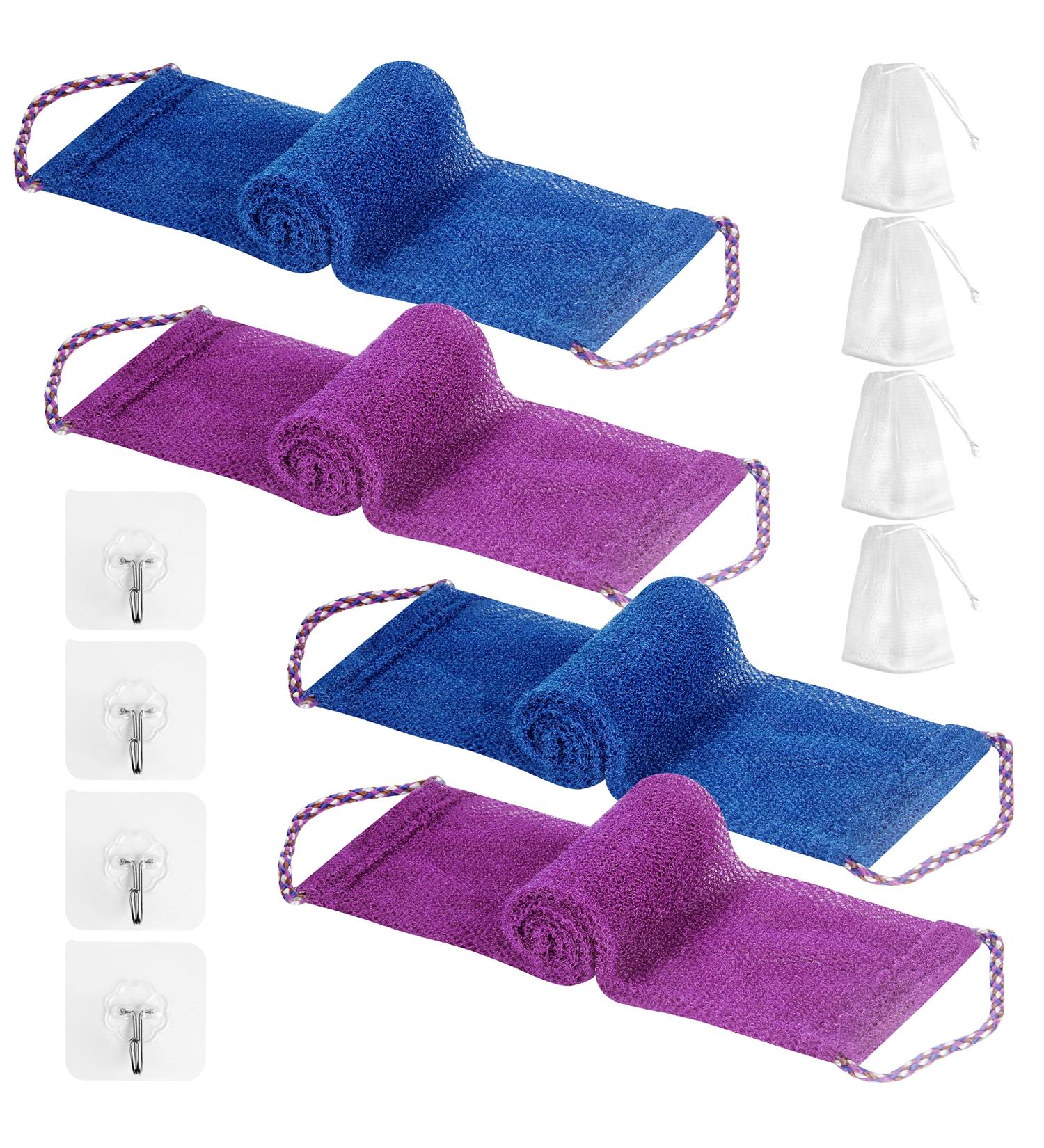African Exfoliating Body Net Bath Sponge Set - 4 Pieces Nylon African Net Sponge with Soap Mesh, Adhesive Hooks - Bathing Scrubber for Smooth Skin - 29inch Stretch Length - Blue/Purple - Buy Online on GoSupps.com