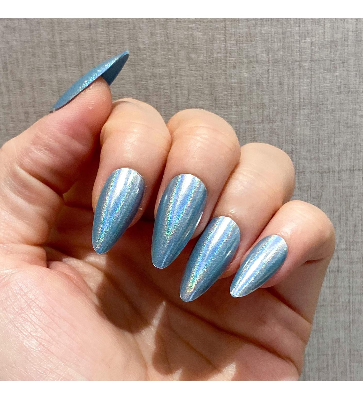 NOVO OVO Medium Blue Chrome Holographic Stiletto Press On Nails - FLASHING SAPPHIRE Sparkle Acrylic Kit - Buy Online on GoSupps.com