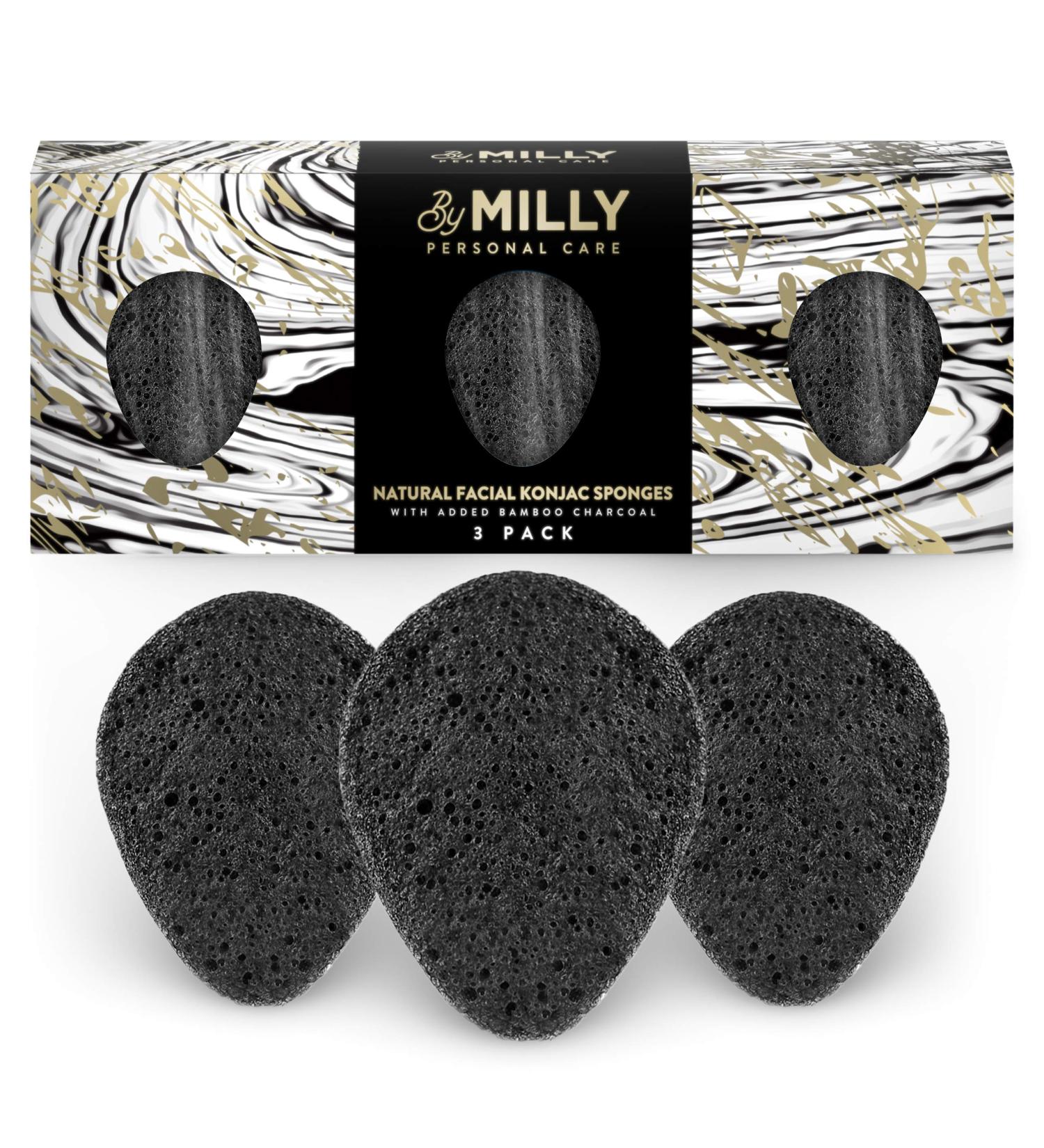 Facial Konjac Sponge 3 Pack with Activated Bamboo Charcoal - Natural, Reusable, Gentle Exfoliating - For All Skin Types - Biodegradable - Black - Buy Online on GoSupps.com