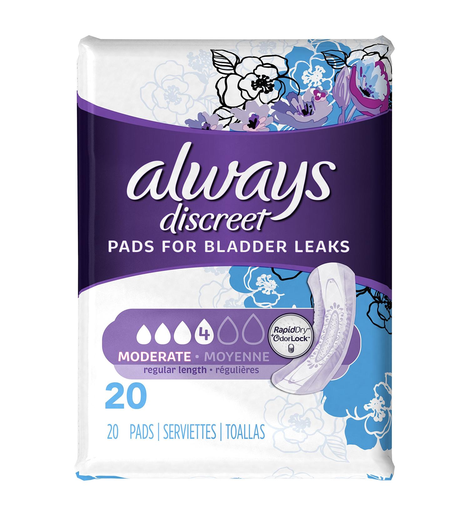 Always Discreet, Incontinence Pads, Moderate, Regular Length, 20 Count Size - 1 Pack 20 Count (Pack of 1)
