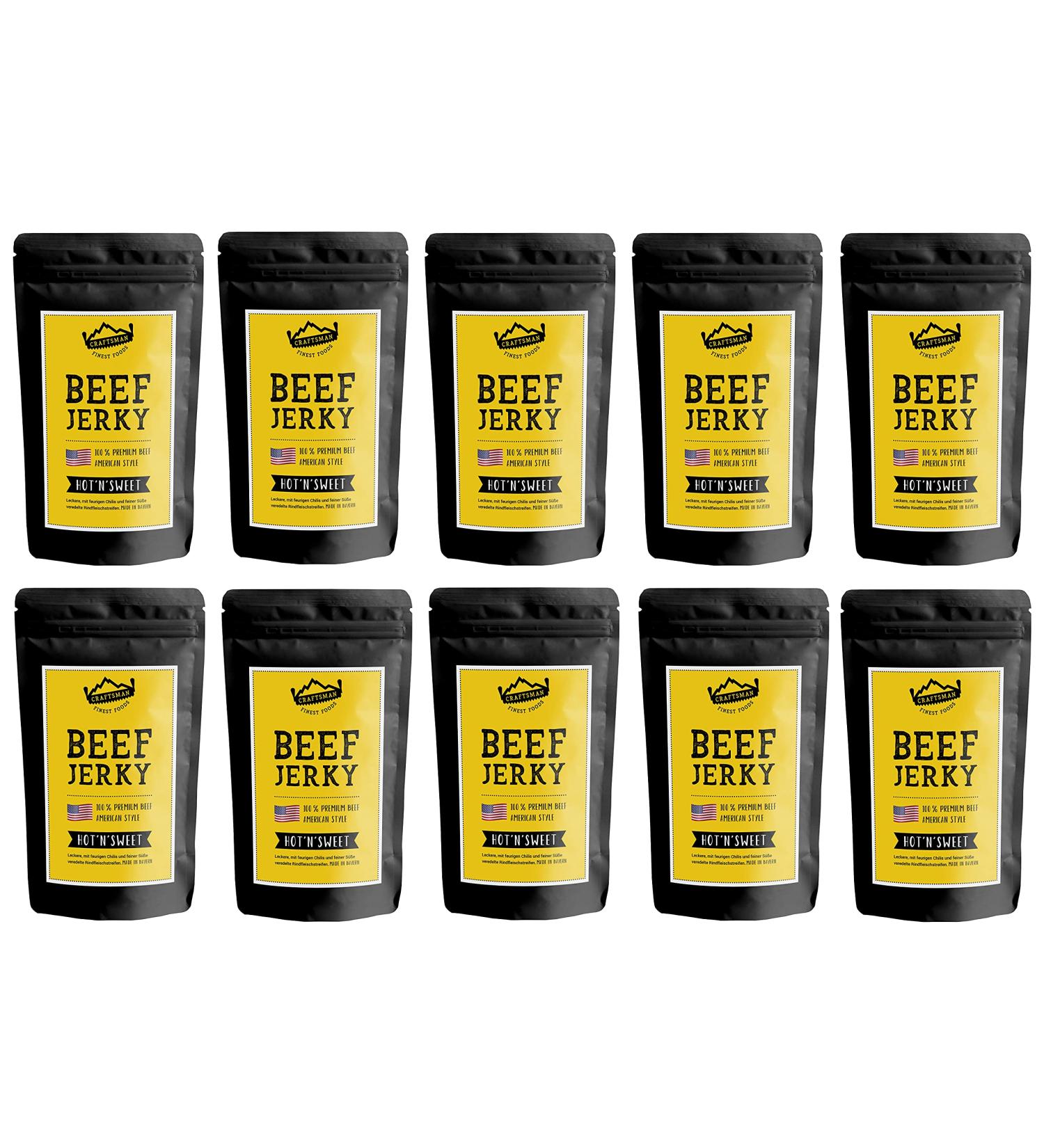  CRAFTSMAN FINEST FOODS Craftsman Beef Jerky HOT & SWEET 1kg (10 x 100g) | Dried Meat from Germany | American Jerky Kit | 100% Bavarian Beef | Hot'n'Sweet | Meat Snack Made in Germany - Buy Online on GoSupps.com