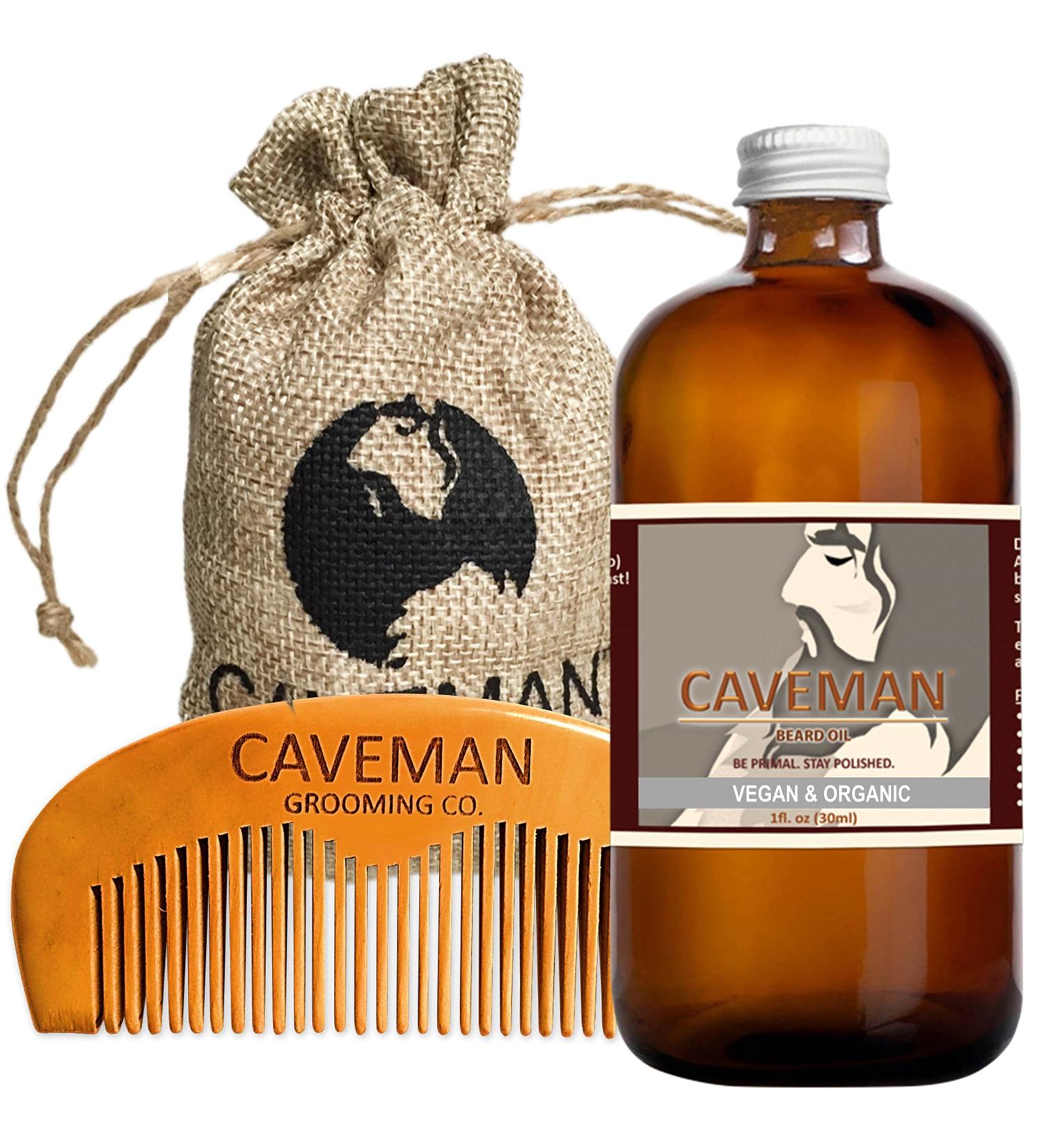Caveman 100% Vegan and Organic Beard Oil Leave in Conditioner 1oz oil and handmade wooden comb