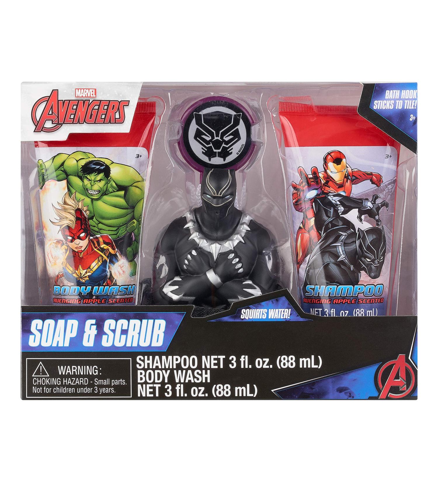 Marvel Avengers Black Panther 4 Piece Soap & Scrub. Shampoo Body Wash Bath Scrubby & Hook. Avenging Apple Scented.