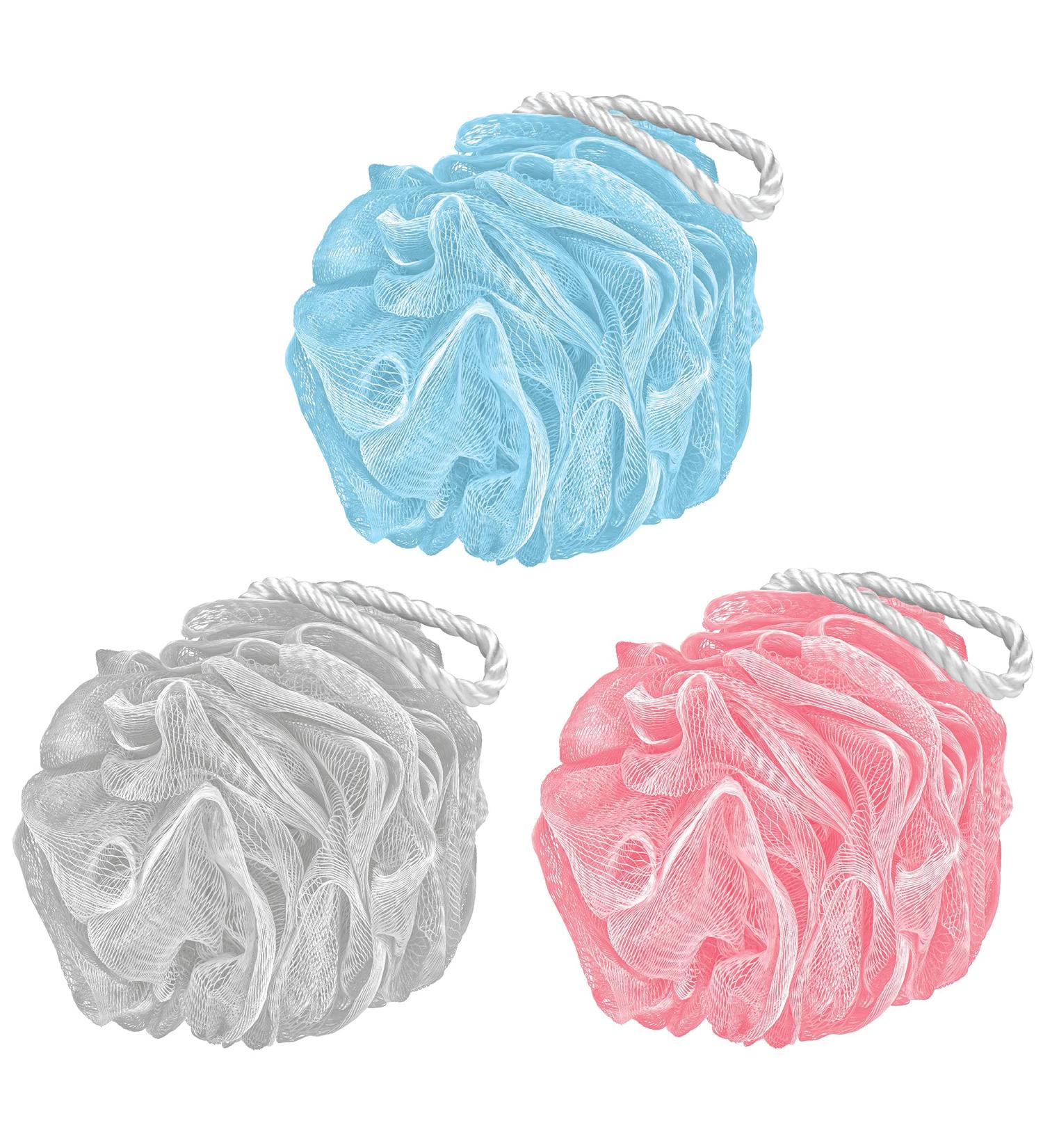 Olivia Rose Exfoliating Loofah Shower Puff 3-Pack - Teal, Grey, Pink - Buy Online on GoSupps.com