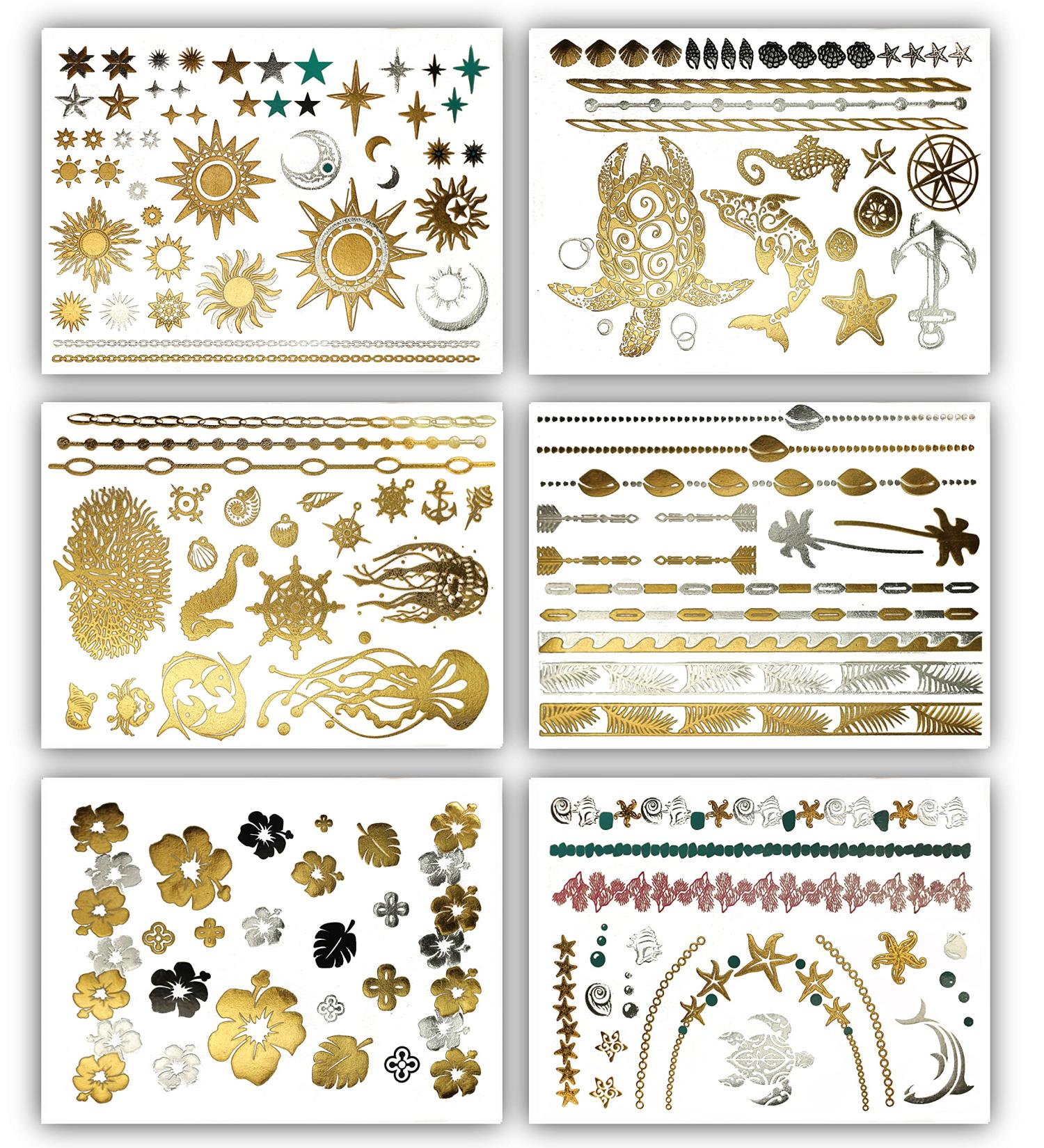 Terra Tattoos Tropical Hawaiian Metallic Temporary Tattoos - 75 Gold Silver Designs with Turtles, Dolphins, Stars, Sun, Moon, and more! - Buy Online on GoSupps.com