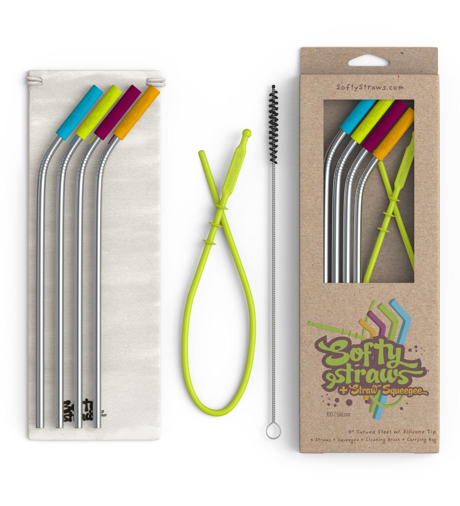 Softy Straws Stainless Steel Reusable Drinking Straws with Silicone Tips - 9 Long Metal Straws for Tumblers - Includes Cleaners and Carrying Case - Assorted Colors - Buy Online on GoSupps.com