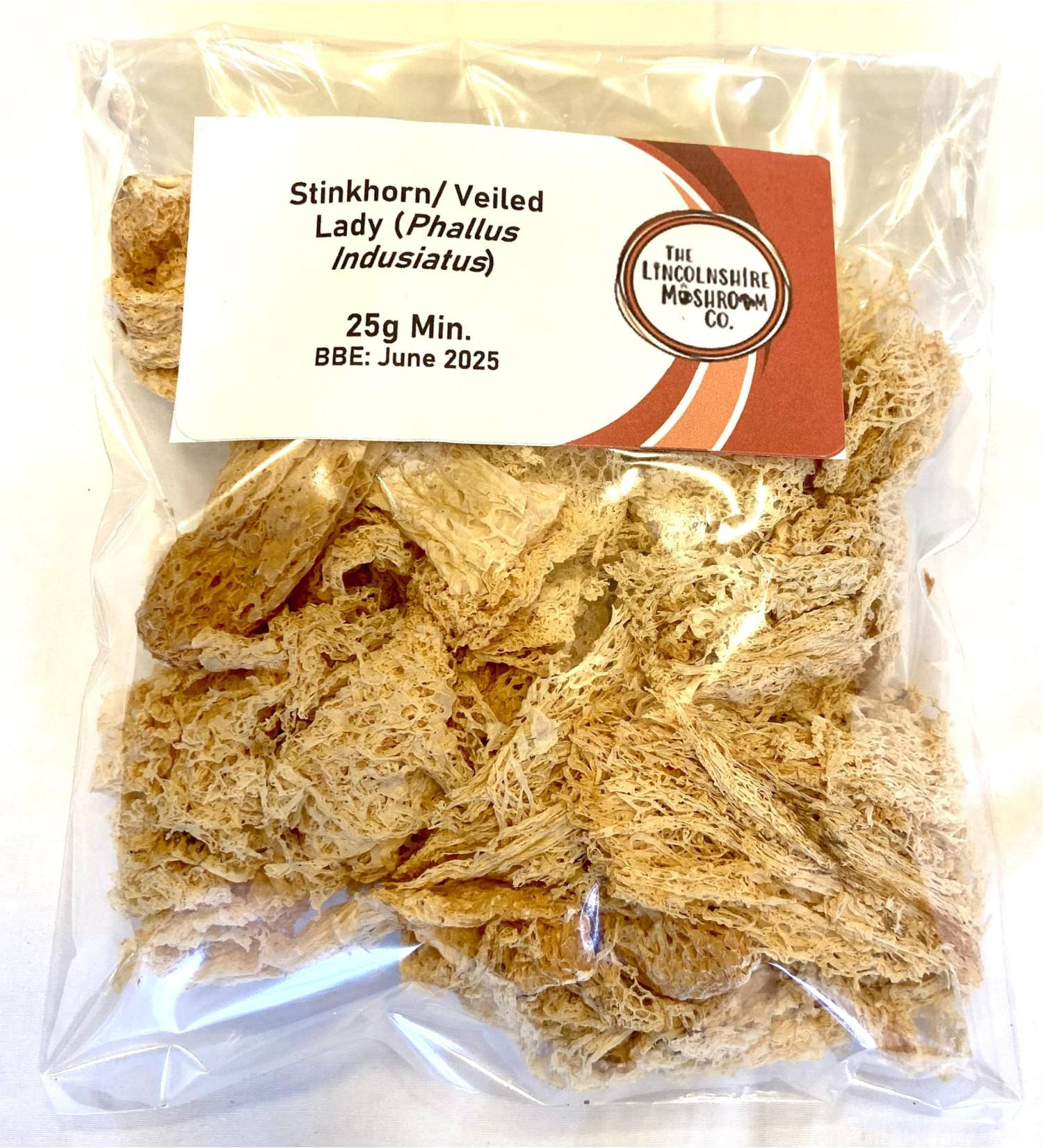 The Lincolnshire Mushroom Co. Veiled Lady/ Long Neck Stinkhorn Wild Rare Dried Mushrooms (Phallus Indusiatus) 25g - Buy Online on GoSupps.com